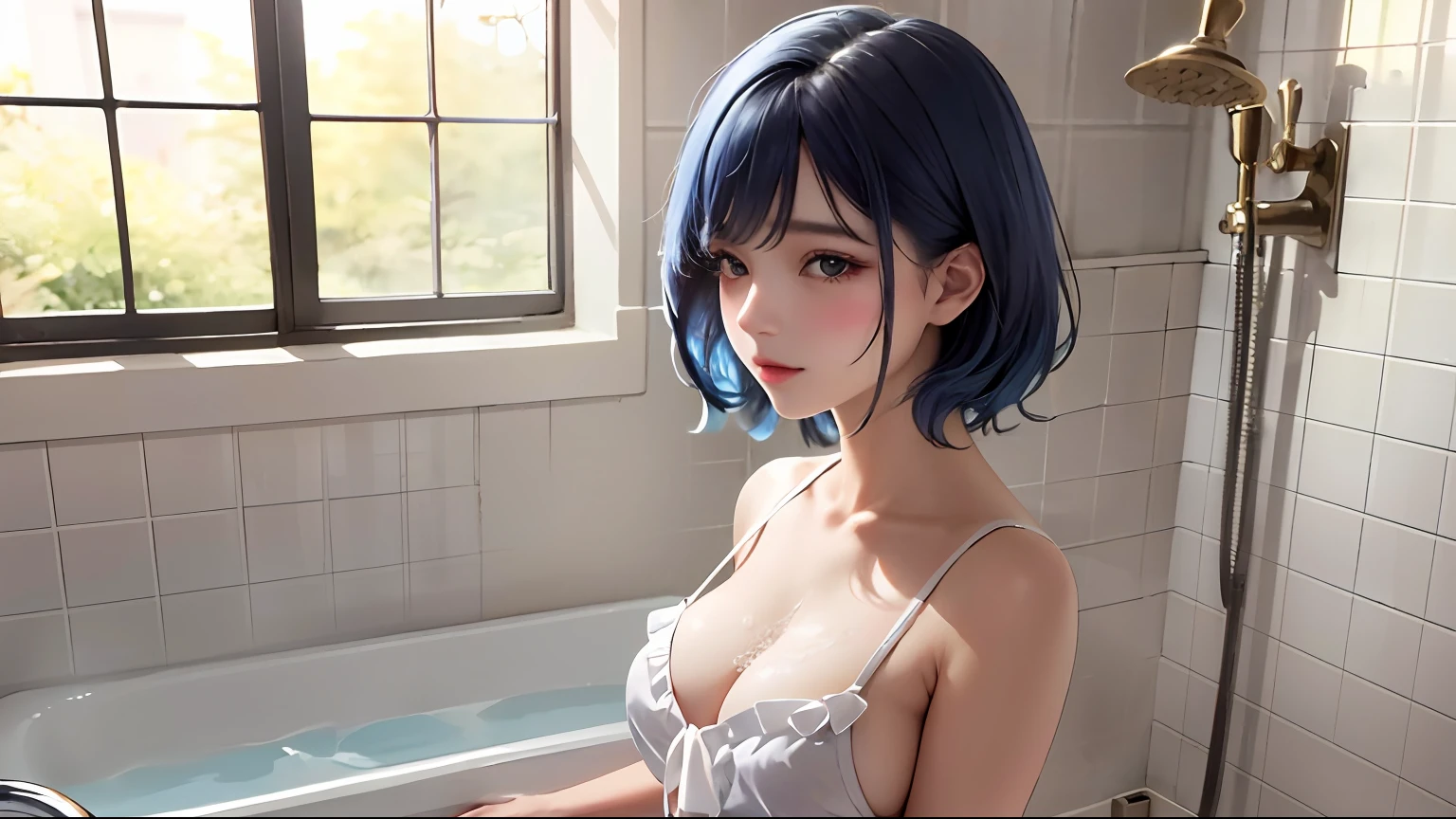 tmasterpiece，very best quality，8K，detailed skin texturing，realisticlying，Detailed Cloth Texture，beautifull detailed face，intricate-detail，Solo，1 adolescent girl，An ultra-detailliert，Detailed hair strands，（（short blue hair）），Blushlush，（opens his eyes wide：1.3），（eye reflections：1.6），shylily，（smoothy，Skin reflects light），（shiny skins），Nipple shadow，（slim，Nude apron，Ruffle frills），Erotic magazine style，Side view,(((natta))),((bath room)),