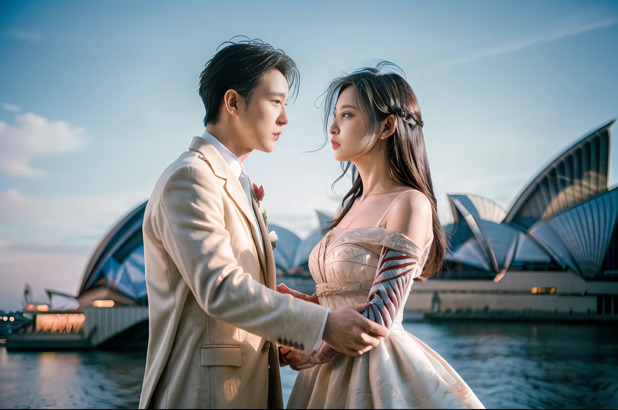 professional wedding photography, (Masterpiece), (intriciate detail), (photorealestic:1.3), (film grain:1.3), (perfect anatomy:1.3), epiCRealism, break, at the Sydney Opera House, break, a romantic photoshoot of a handsome man and cute woman couple), wearing elegant outfits, {holding hands | kissing},