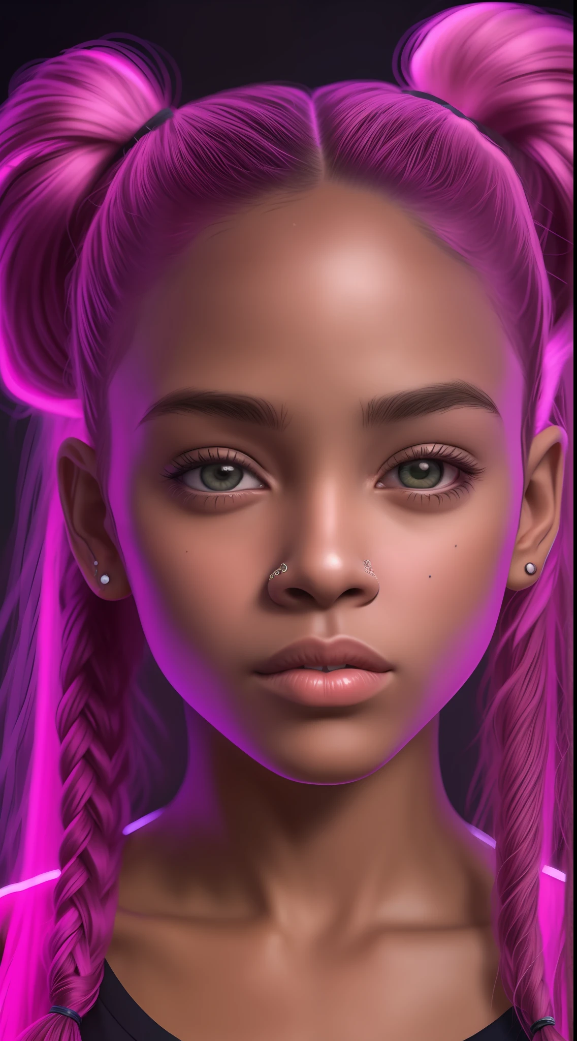 (FOTO 8K RAW ULTRA REALISTA neon)ROSTO de 1 menina de 15 anos AFRO AMERICANA,Cabelo pigtails,com sardas e manchas na pele, tatuagens no rosto, fleshy lips , Looking at camera from the bottom up ,fundo escuro ,( cinematic images)