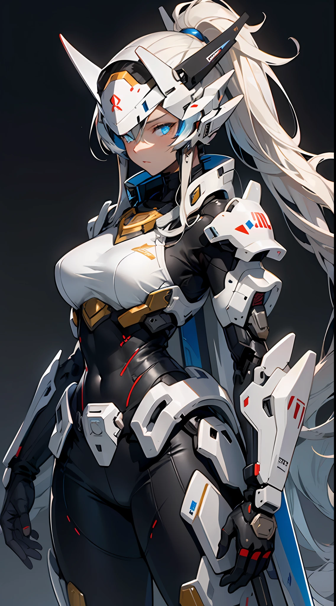 (1girlhugebreasts), High quality masterpiece science fiction wallpaper, Mecha warrior, Glowing blue eyes, Uniquely shaped sword, Extreme detail, minimalistic background, Smooth lines, (Deluxe Edition)