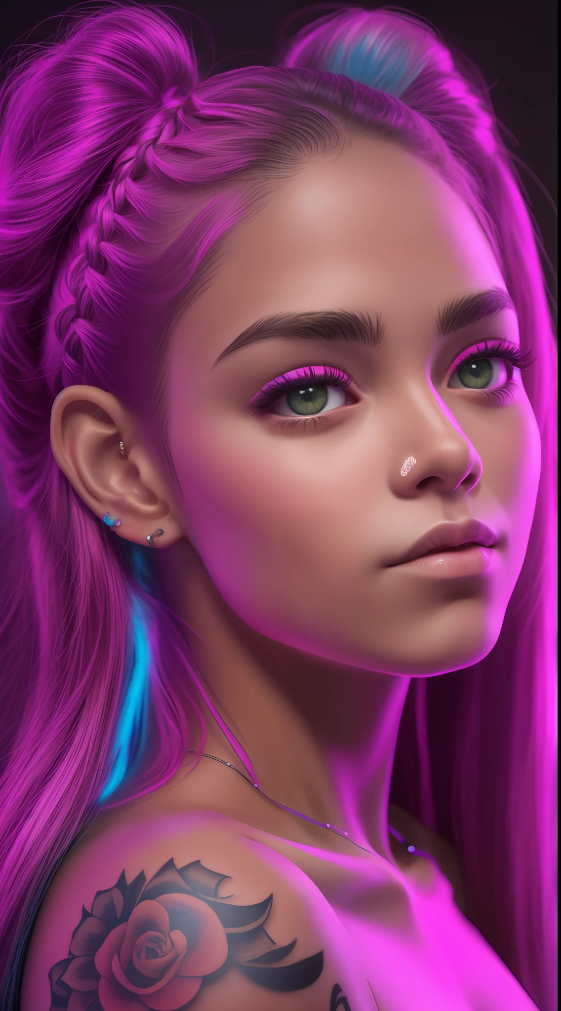 (FOTO 8K RAW ULTRA REALISTA neon)ROSTO de 1 menina de 15 anos AFRO AMERICANA,Cabelo pigtails,com sardas e manchas na pele, tatuagens no rosto, fleshy lips , Looking at camera from the bottom up ,fundo escuro ,( cinematic images)