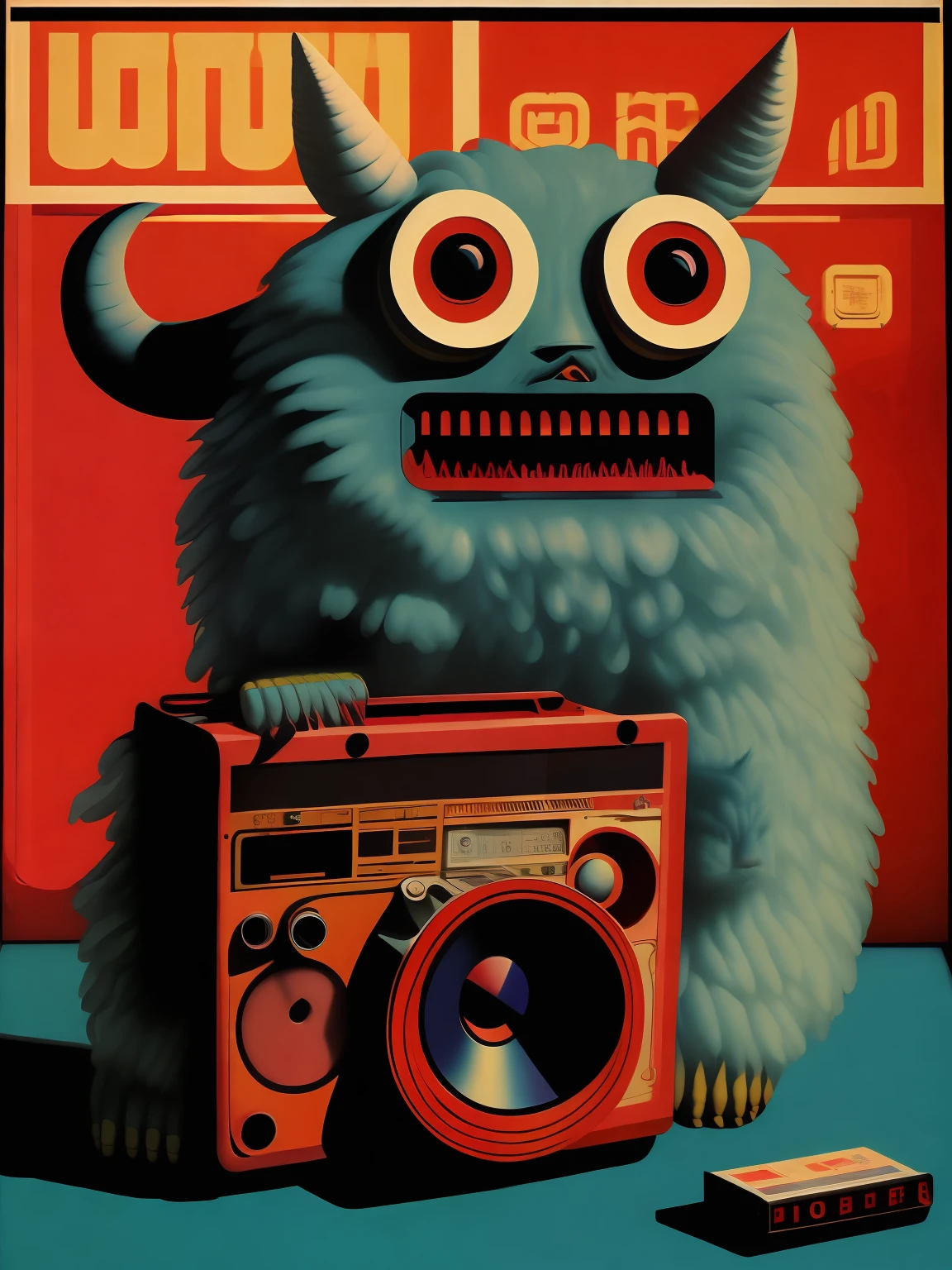 (((a monster creature))), sitting on the floor, holding, a boombox with a radio on top of it, boombox, ghetto blaster, big ghetto blaster, tape deck, lofi hip hop, audio equipments, cassette, retro technology, nostalgic vibes, 1 9 8 0 s tech, radios, vintage - w 1 0 2 4, from the 8 0 s) propaganda Poster, poster, Poster design, poster art style. 1980s, 1950s, 1960s, basic colour scheme, Very colourful poster, colour art, thirds rule, inspiring, boombox, 1970, lofi hip hop, high quality artwork, artwork, poster art style, promotional artwork, hiphop, 1 9 th, print!, high quality wallpaper, poster artwork, style of shepherd fairey,