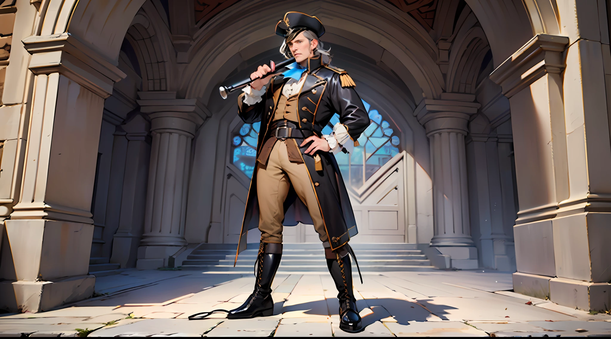 46 year-old Middle-aged captain, long hair, Captain cap, gray robe, leather belt, leather boots, holding a telescope,(18th century clothing style:1.3),(Standing posture:1.5),(full body:1.6)