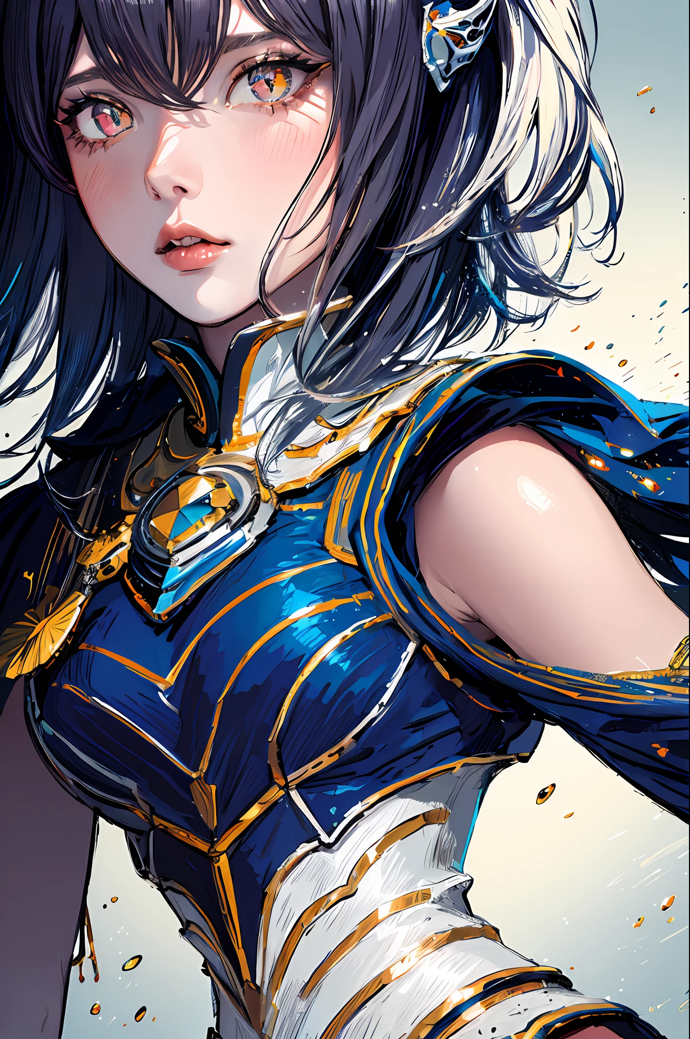 (masterpiece, top quality, best quality, official art, beautiful and aesthetic:1.2), cateyes,1girl, solo, armour, magic, light particles, upper body, extreme detailed, highest detailed, optical mixing, playful patterns, lively texture, unique visual effect