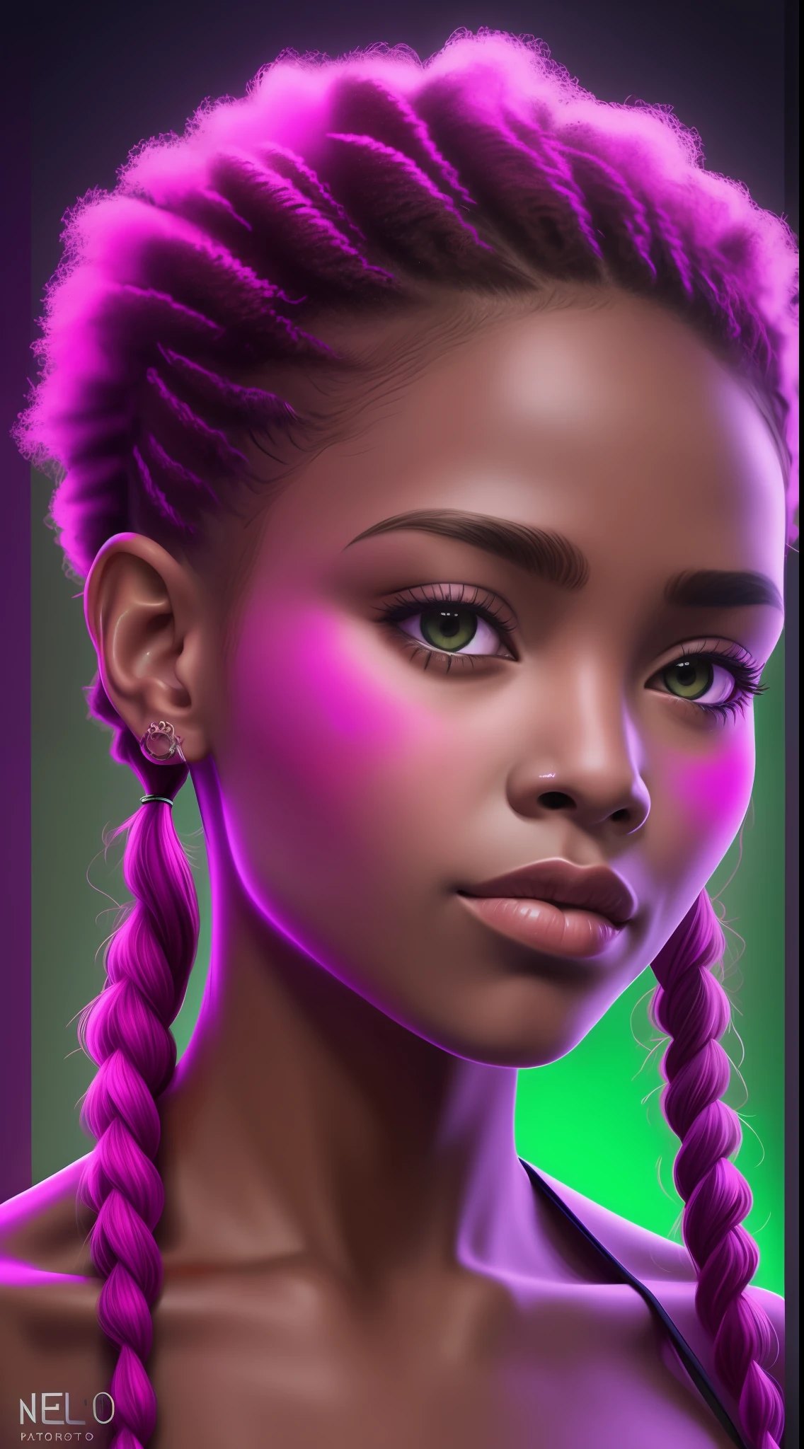(FOTO 8K RAW ULTRA REALISTA neon)ROSTO de menina de 15 anos AFRO AMERICANA,Cabelo pigtails,com sardas e manchas na pele, tatuagens no rosto, fleshy lips , Looking at camera from the bottom up ,fundo escuro ,( cinematic images)