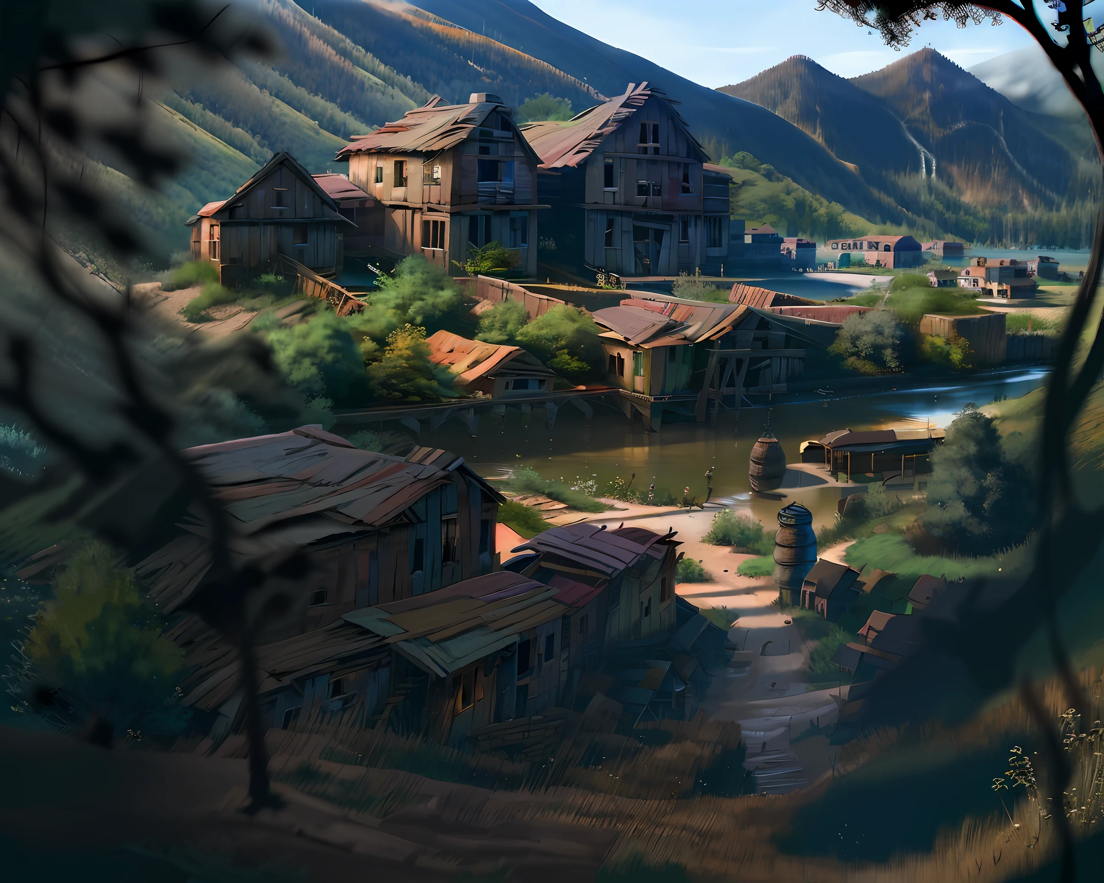 Shot of a village with huts in it. The camera angle is from between trees. The houses all look old and green kinda. Oil painting. Retro.
