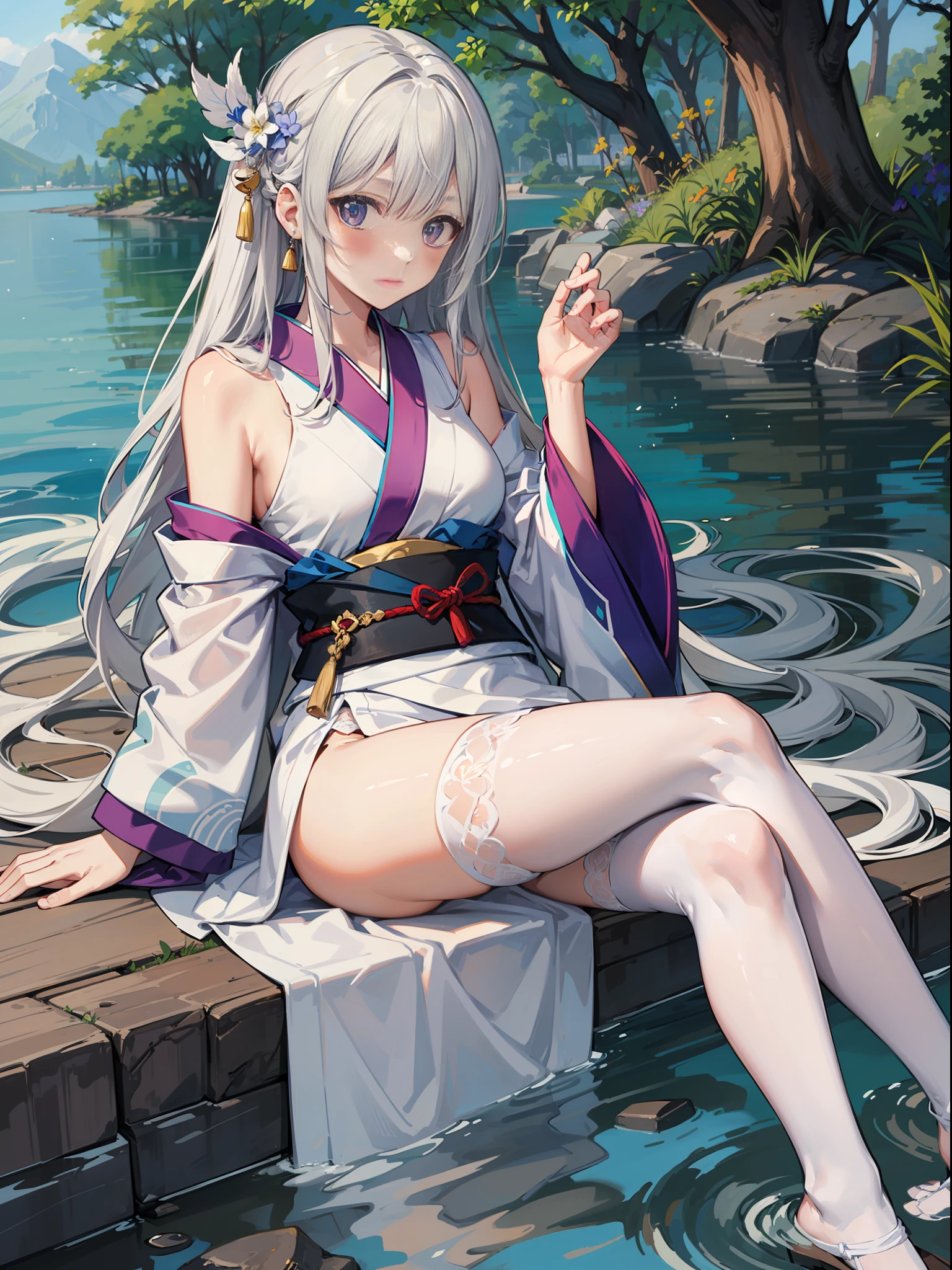 white-haire，Fine hair，Reddish purple，grey-eyed，length hair，Lake，，Look at viewers，，coldgaze，messyfloatingfhair，Kimono with white，fully body photo，White stockings