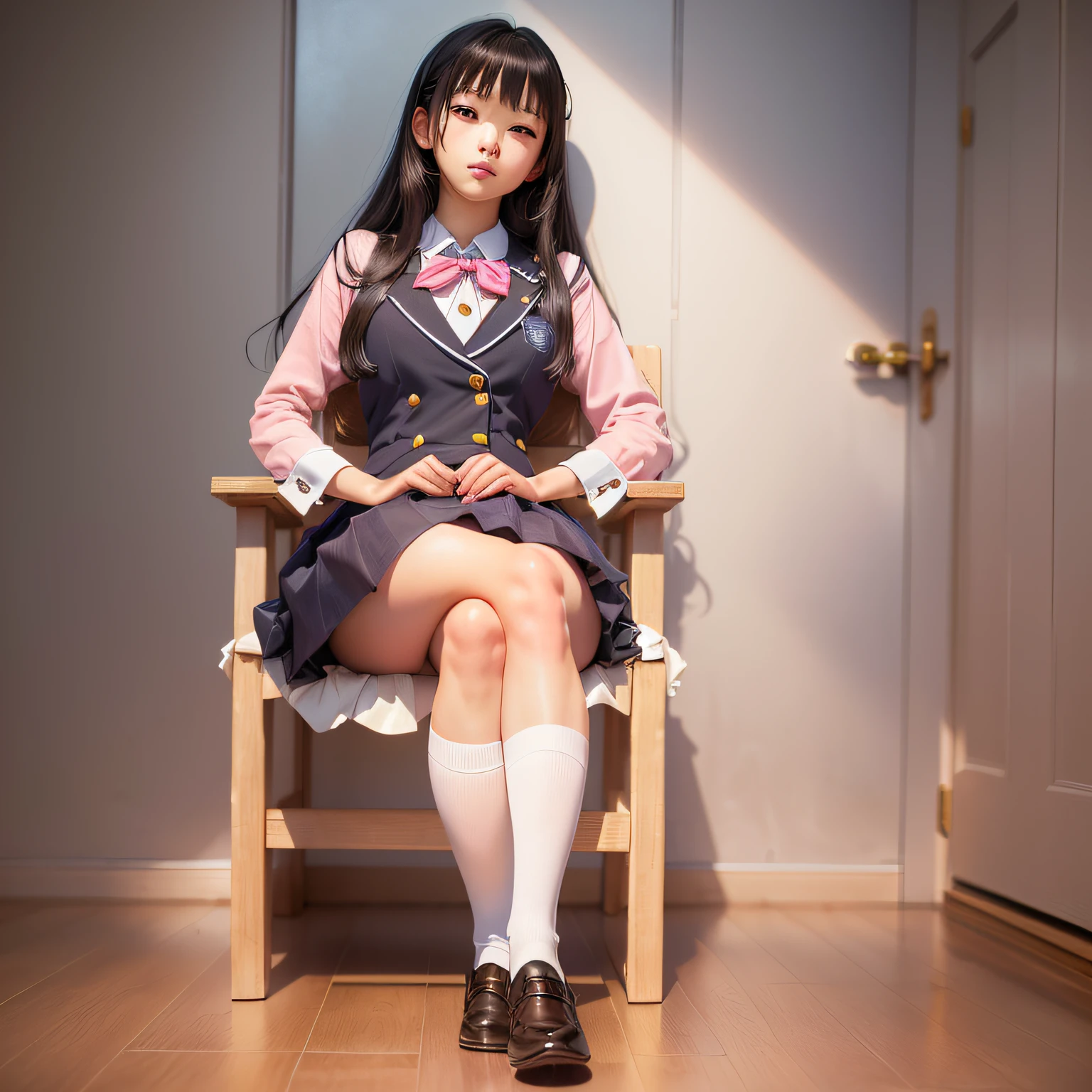there is a woman sitting in a chair in a room, a surrealist schoolgirl, Anime girl cosplay, a surrealist schoolgirl, Anime girl in real life, taken with canon 5d mk4, cosplay foto, dressed as schoolgirl, taken with canon eos 5 d mark iv, Realistic schoolgirl, cute female student, Anime. Soft lighting, Japanese school uniform The legs are spread，Shoes