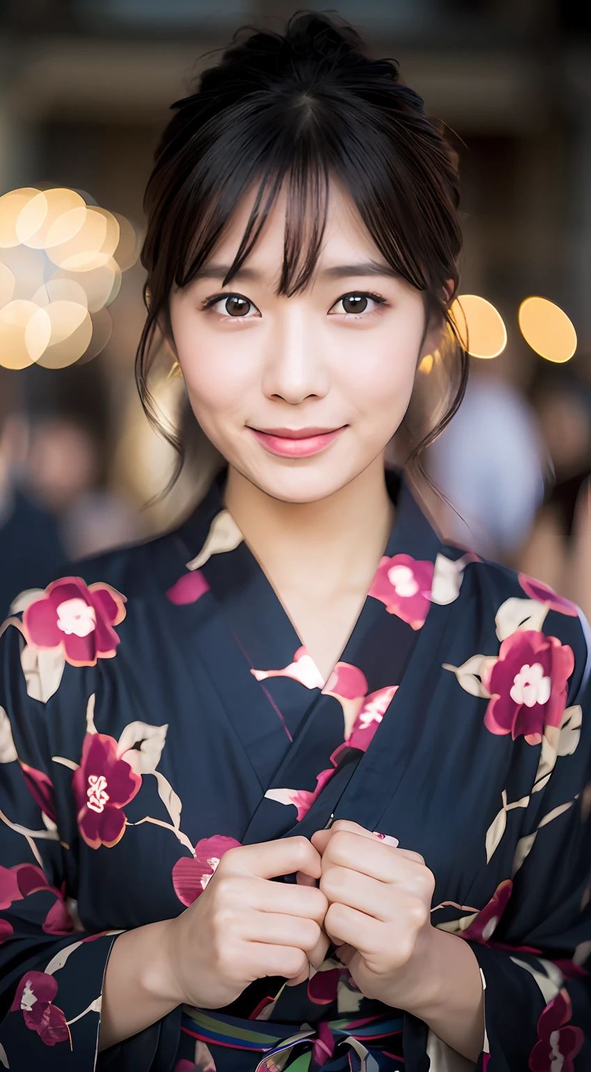 ((Realistic lighting、beste-Qualit、8K、masterpiece:1.3))、Clear focus:1.2、1girl in、Perfect figure:1.4、black-haired、Wearing yukata、Yukata is red、exteriors、nights:1.1、Fireworks Festival、Super fine face、Narrow-eyed、Single eyelid、Smiling happily