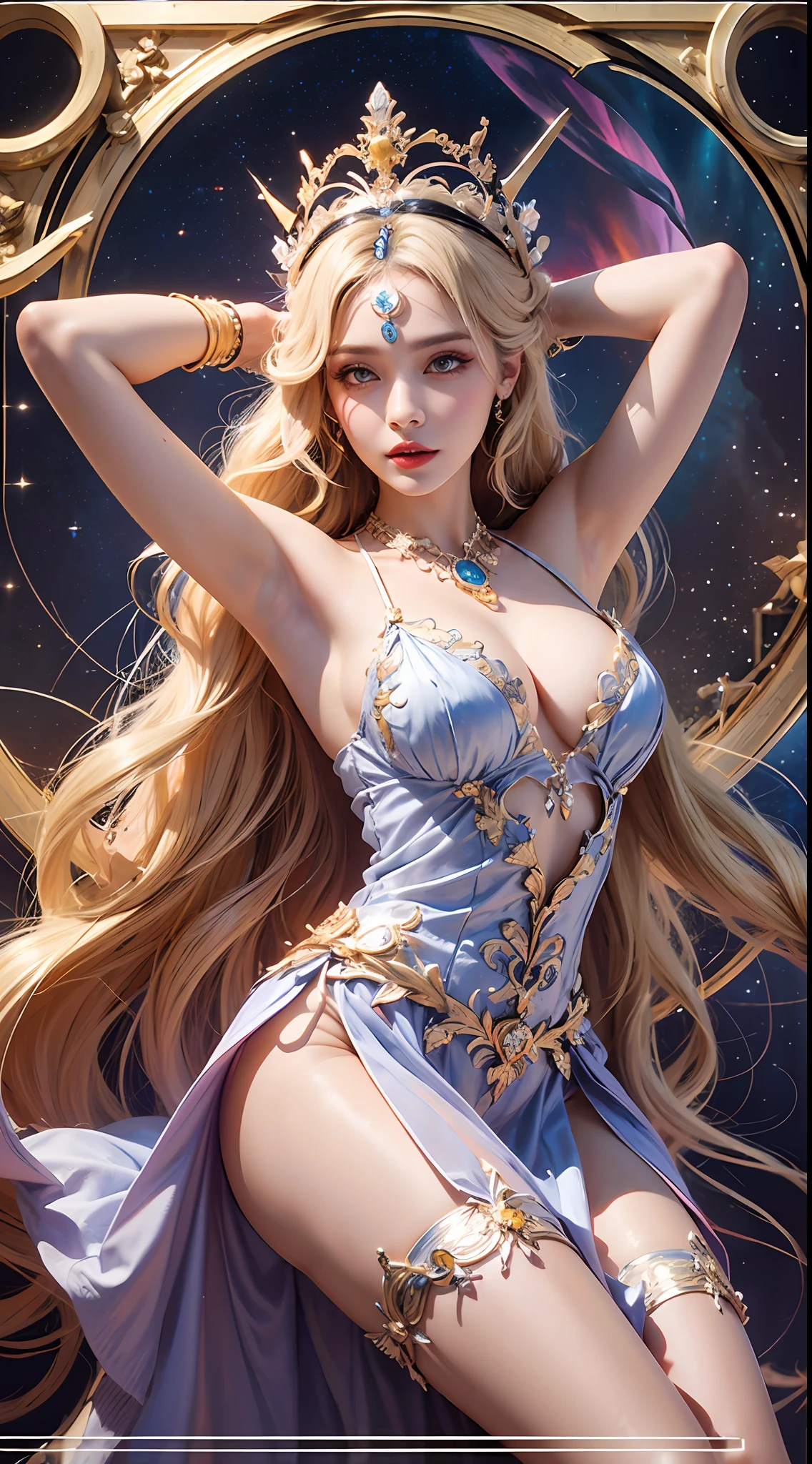 1 27 year old girl, 1 goddess from the future athena, 12 zodiac signs goddess pink purple, goddess athena sexy face slim yellow nightgown, long thin nightdress with many sexy black lace details, goddess athena legend from the future, sign of athena, chic glitter athena style, dark and mysterious version, athena crown, red lips, thin and beautiful lips, not smiling, sucking tight mouth, character created by karol bak and pino daeni, intricate detail, detailed background, extremely detailed, light dharma, female, inner side, side view of goddess Athena. big and round breasts, phoenix hairpin, long hair with platinum bangs, (Long hair has 7 colors like a rainbow: 1.9), beautiful face in every detail, sharp balanced eyes, (transparent yellow eyes: 1.8), big round eyes and very beautiful and detailed makeup, visionary, long silk nightgown, mysterious makeup, Bracelet, jewelry on goddess athena's thigh, bangs and dyed light blonde, upper body, (the goddess Athena upper body: 1.8), drooping arms, realistic and vivid image, (stars that make up athena: 1.7), (athena sky and portal of time and space fictional space: 1.8), fictional art texture, RAW photo, hanfu photo, best photo, high resolution, best quality, best photo, 8k quality, 8k ultra, surreal photo, photo most economical, athena sign art portrait photo, 1 back athena sign icon, athena lace tights, single athena portrait photo, truest color scheme, best photo color, masterpiece, jewelry hair decoration, necklace, jewelry, pretty face, upper body, tyndall effect, photo realistic, dark studio, border light, athena goddess body magic effect, two tone lighting , (high skin detail: 1.2), 8k uhd, dslr, soft light, high quality, volumetric light, candid, Photo, high resolution, 4k quality, 8k, Bokeh, Smooth and sharp , 10x pixels, sexy Athena, sexy athena, (back space: 1.8), (galaxy: 1.7), aurora, lightning, (background aurora: 1.8), perfect eyes, beautiful eyes photo , the goddess of beauty and flowers,