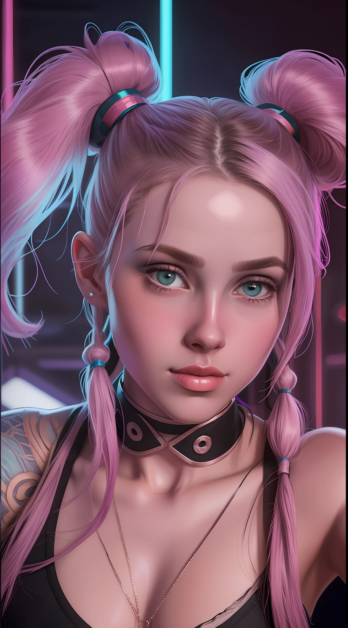 (FOTO 8K RAW ULTRA REALISTA neon)ROSTO de menina de 15 anos AFRO AMERICANA,Cabelo pigtails,com sardas e manchas na pele, tatuagens no rosto, fleshy lips , Looking at camera from the bottom up ,fundo escuro ,( cinematic images)