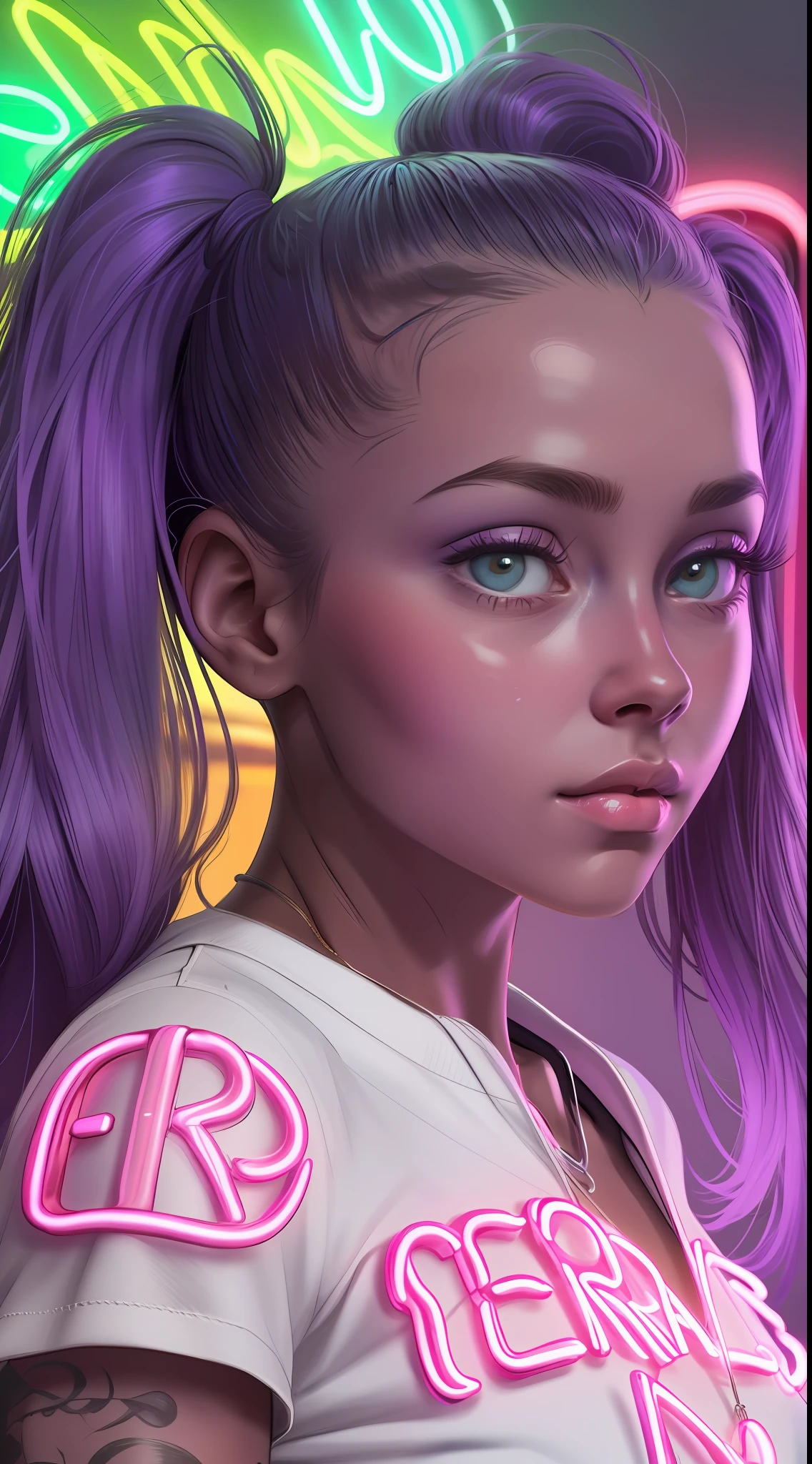 (FOTO 8K RAW ULTRA REALISTA neon)ROSTO de menina de 15 anos AFRO AMERICANA,Cabelo pigtails,com sardas e manchas na pele, tatuagens no rosto, fleshy lips , Looking at camera from the bottom up ,fundo escuro ,( cinematic images)