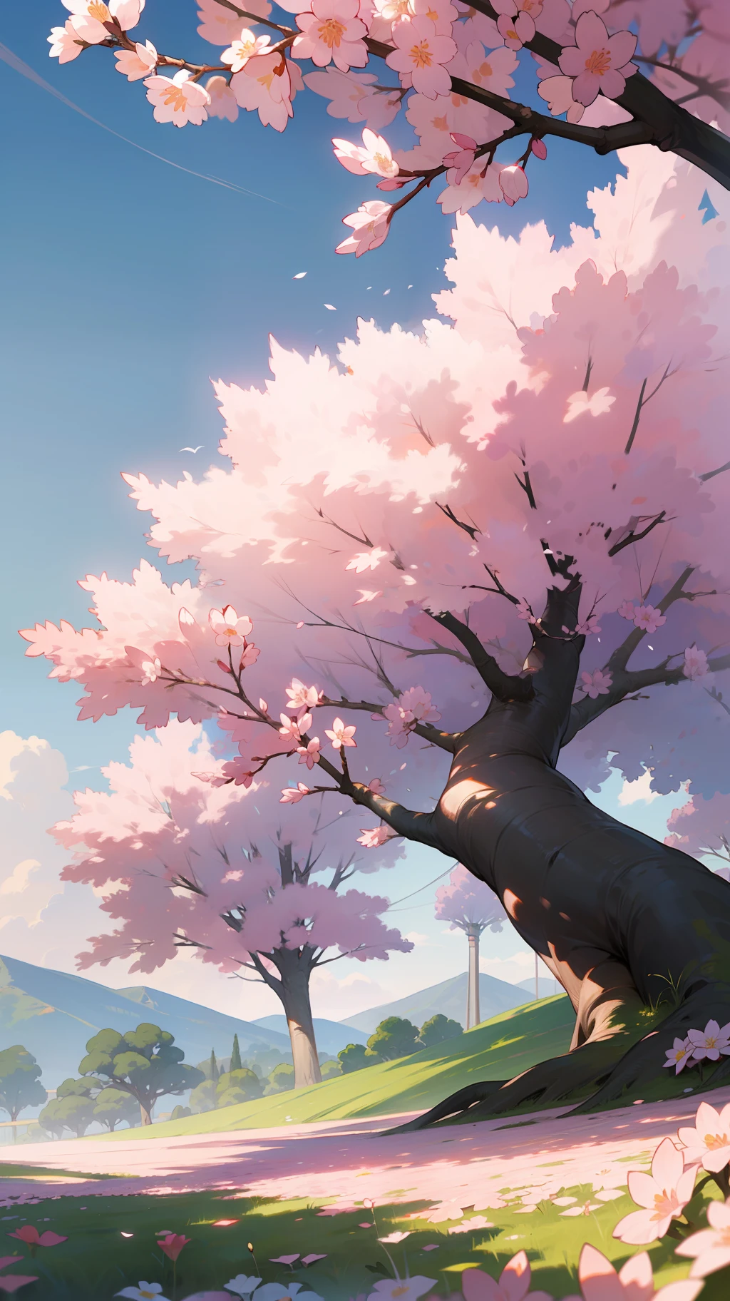 (Beautiful scenery:1.2, fondo:1.1, Sakura Tree, flores de cerezo, colores pastel, sombras suaves, Free imagination)