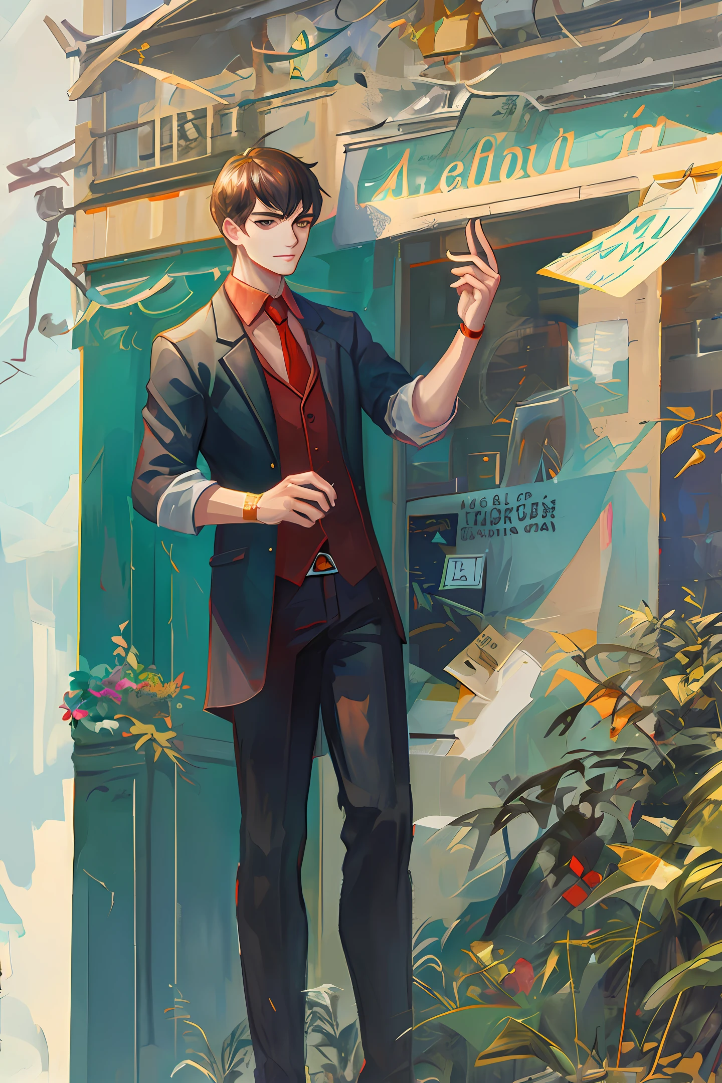 Anime man in suit and tie standing in front of a building - SeaArt AI