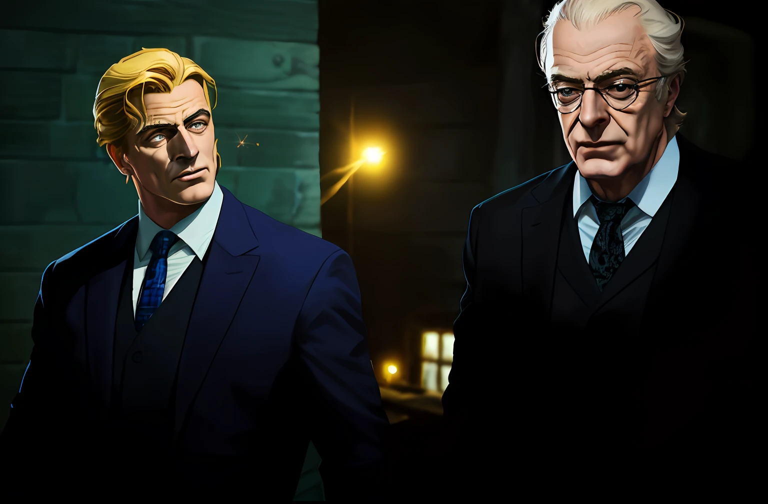 Two men in suits are talking to each other in a dark place, Silvestre Stallone, Michael Caine, cena intensa, filme de alta qualidade ainda, ao ar livre a noite em uma fazenda, fazenda Noturna, particles, Chuva leve, Foco masculino, (cabo de fluxo longo), noite, Chuva, fundo detalhado, (arte de Frank Miller), obra-prima, (realista:1.3), perfect illumination, sombreamento perfeito, (textura realista do tecido), hiper-realista, (fotorrealista:1.5), (comic styled)