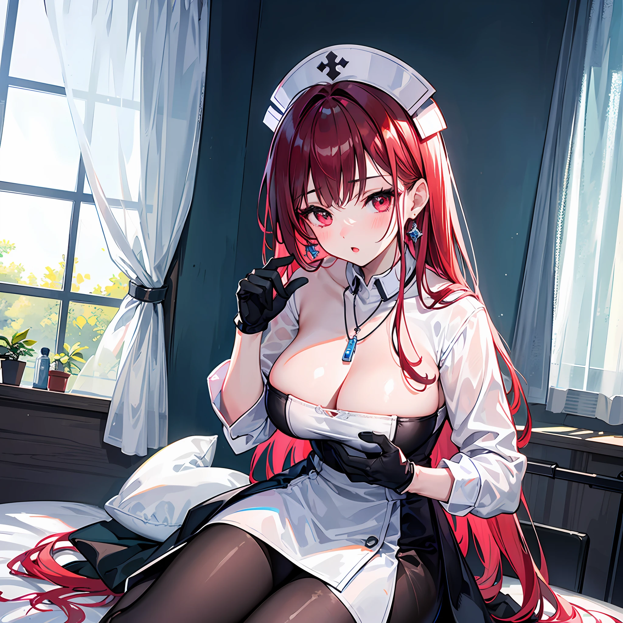 1girl, (solo:1.2), (cowboy shot:1.2), (Beautiful and detailed eyes description), (Beautiful and detailed face), Perfect female body, neat figure, slender waist, (young girl), (20 years old), long hair, red inner hair, black outer hair, very big eyes, glowing red eyes, big breasts, blush, shy, watery red lips,
mistress, (transparent mistress dress), (black gloves:1.2), (black pantyhose), high heels, necklace, earrings,
indoors, school nurse, hospital bed, window, white curtains, sunlight, squatting,
(best quality), (ultra detailed), (masterpiece), (highres), (original), (extremely detailed CG unity 8K wallpaper), character design, game cg, detailed manga illustration, single character