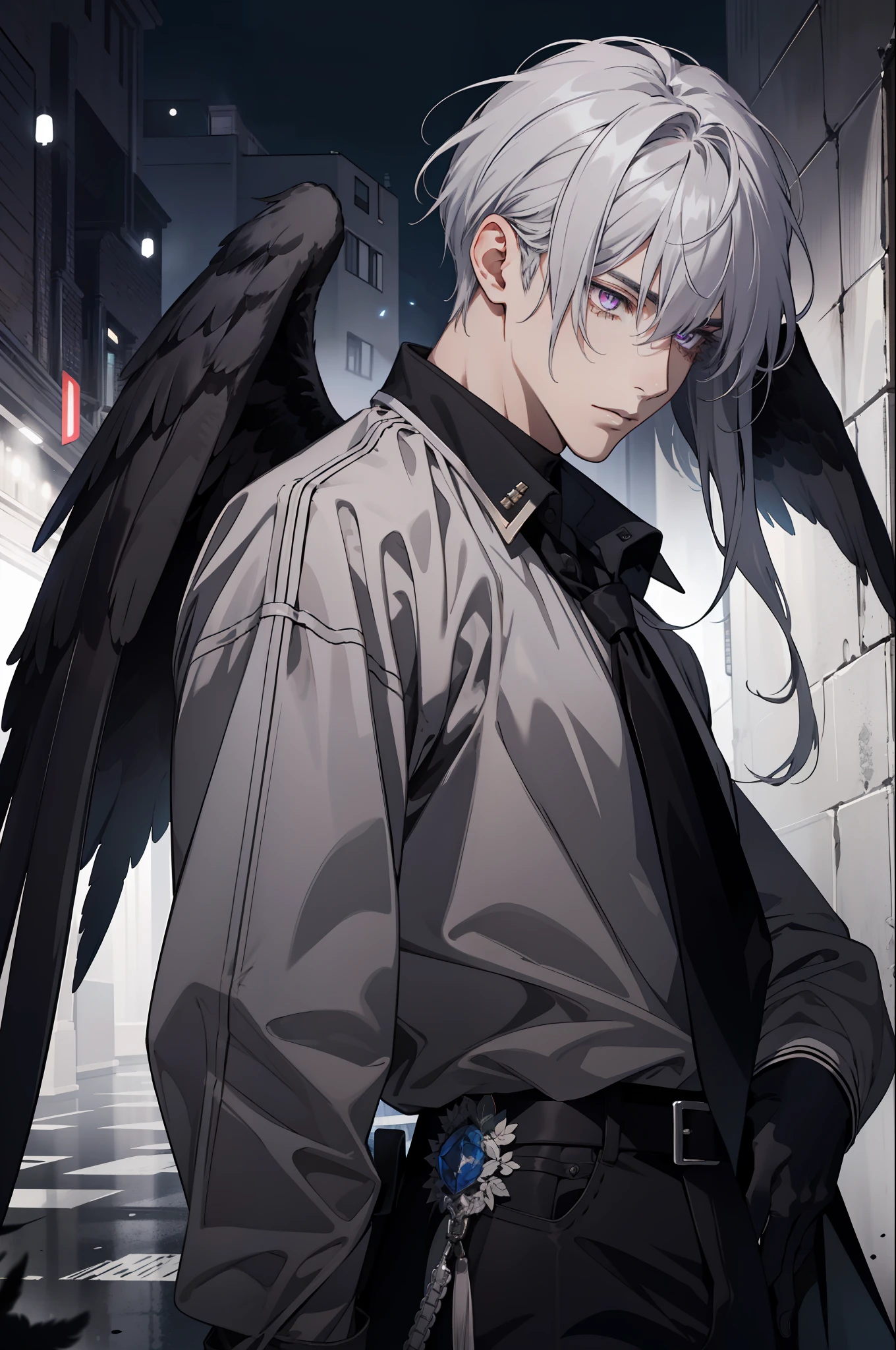 (Highest image quality, tmasterpiece)Long gray hair, purpl eyes, A male, Adult, Dark atmosphere, Western clothing dominated by black, There is a pair of large black wings on the back, Black feathers,Handsome, AS-Adult, Charming facial features, Fallen angels, fanciful,With a gentle expression