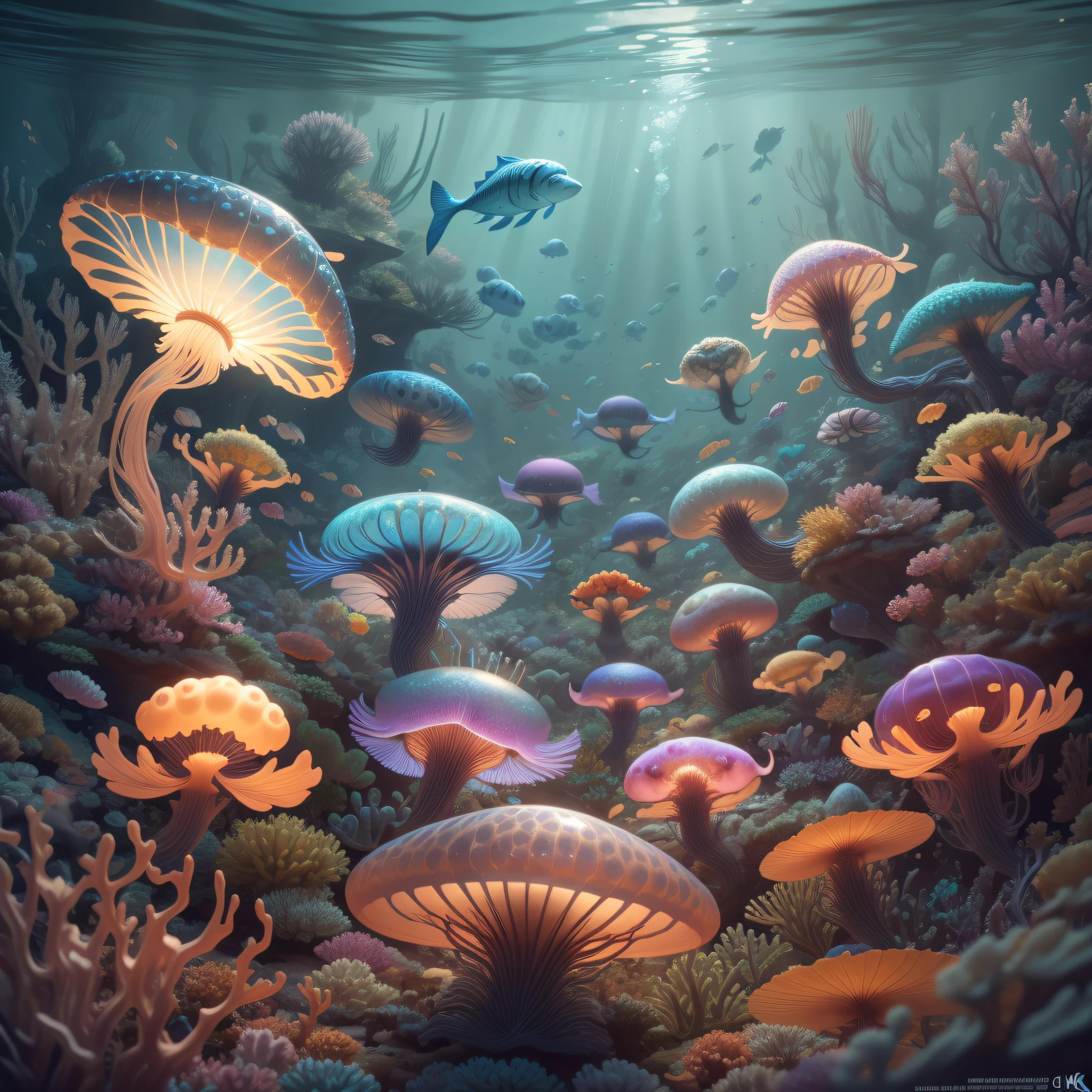 ((perspective)) microscopic world, vista, underwater fantasy,((masterpiece)), best quality, high quality, ((extremely detailed CG unity 8k wallpaper)),(fantasy), complex background, underwater fantasy world, fish school, Glowing jellyfish, colorful, (abyss)), staggered stone platforms in the abyss, glowing undersea plants, 3D digital painting, award winning photography, bokeh, depth of field, HDR, chromatic aberration, photorealistic, extremely detailed, artstation Trends on CGsociety, Intricate, High Detail, dramatic, art by midjourney, --v 6