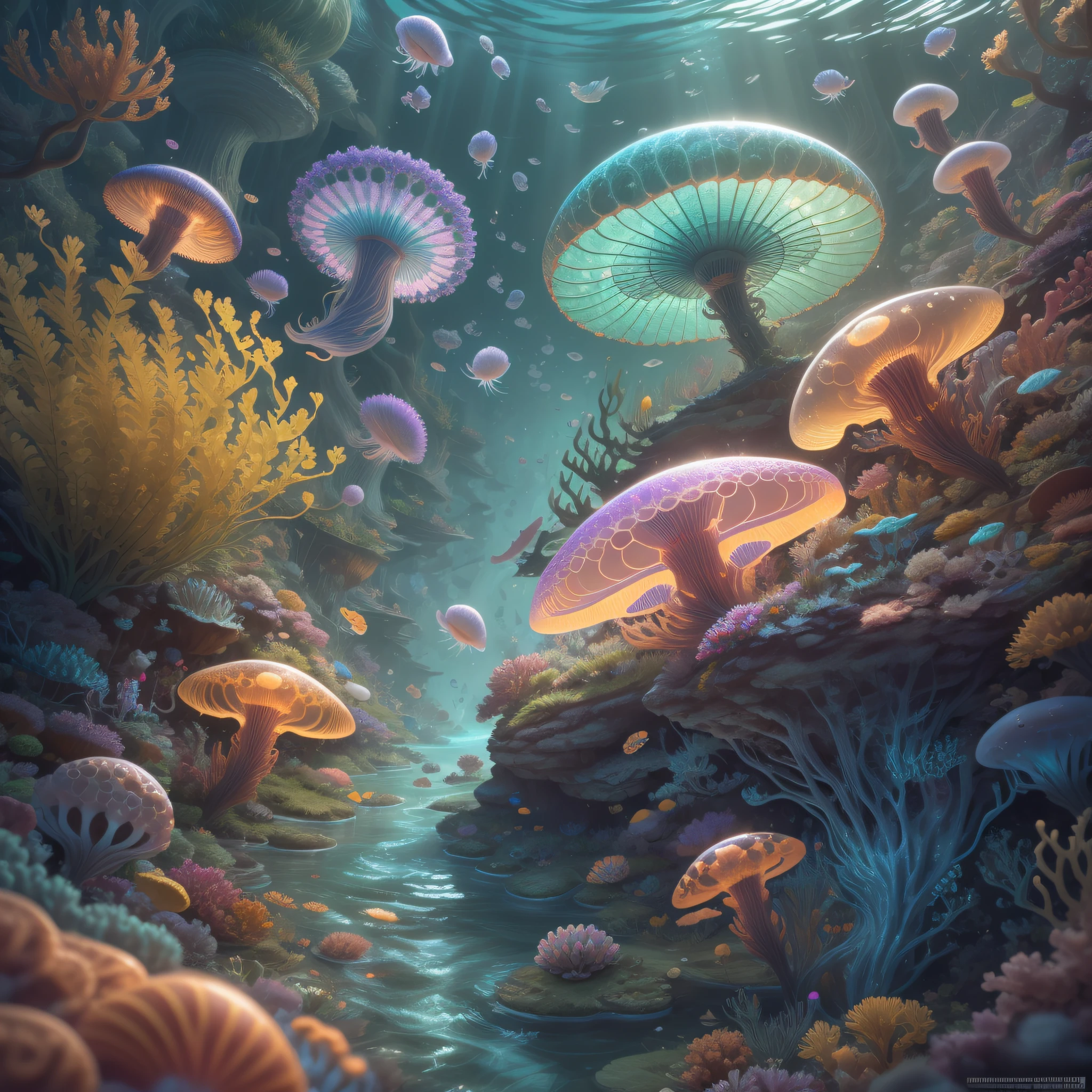 ((perspective)) microscopic world, vista, underwater fantasy,((masterpiece)), best quality, high quality, ((extremely detailed CG unity 8k wallpaper)),(fantasy), complex background, underwater fantasy world, fish school, Glowing jellyfish, colorful, (abyss)), staggered stone platforms in the abyss, glowing undersea plants, 3D digital painting, award winning photography, bokeh, depth of field, HDR, chromatic aberration, photorealistic, extremely detailed, artstation Trends on CGsociety, Intricate, High Detail, dramatic, art by midjourney, --v 6