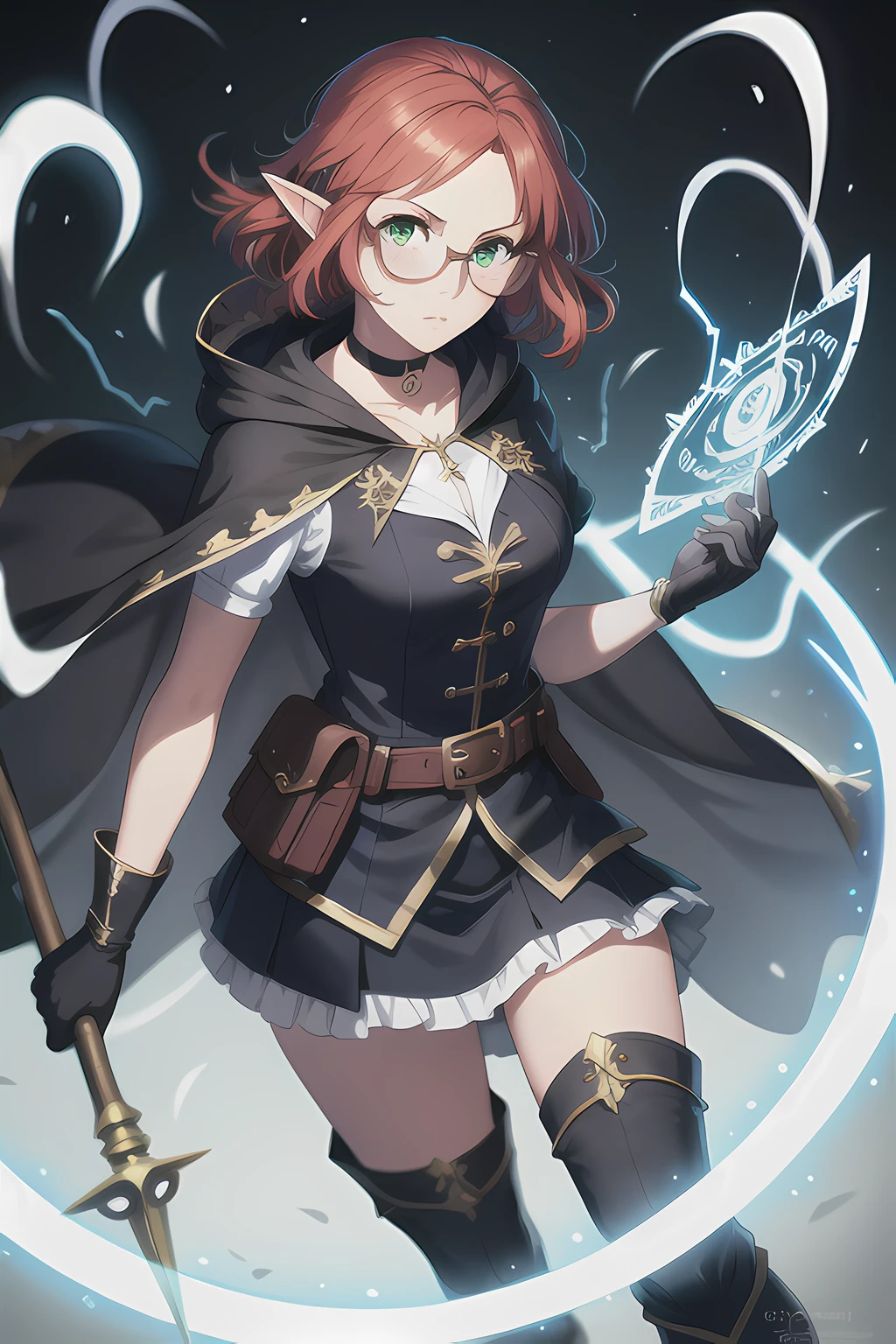(masterpiece, best quality:1.2), ultra high res, elf, 1girl, medium hair, red hair, green eyes, freckles, glasses, cute, shy, choker, gloves, blouse, open cloak, short skirt, frilled skirt, belt, belt pouch, grimoire on hip, knee boots, stockings, wizard long_Staff in hands, full body, magic, cinematic, dynamic pose, magic circle, library background, casting spell, electricity from hands, colorful, no mistakes, well detailed, extremely well done, eyes well drawn, eyes well made, face well drawn, ((no art error))