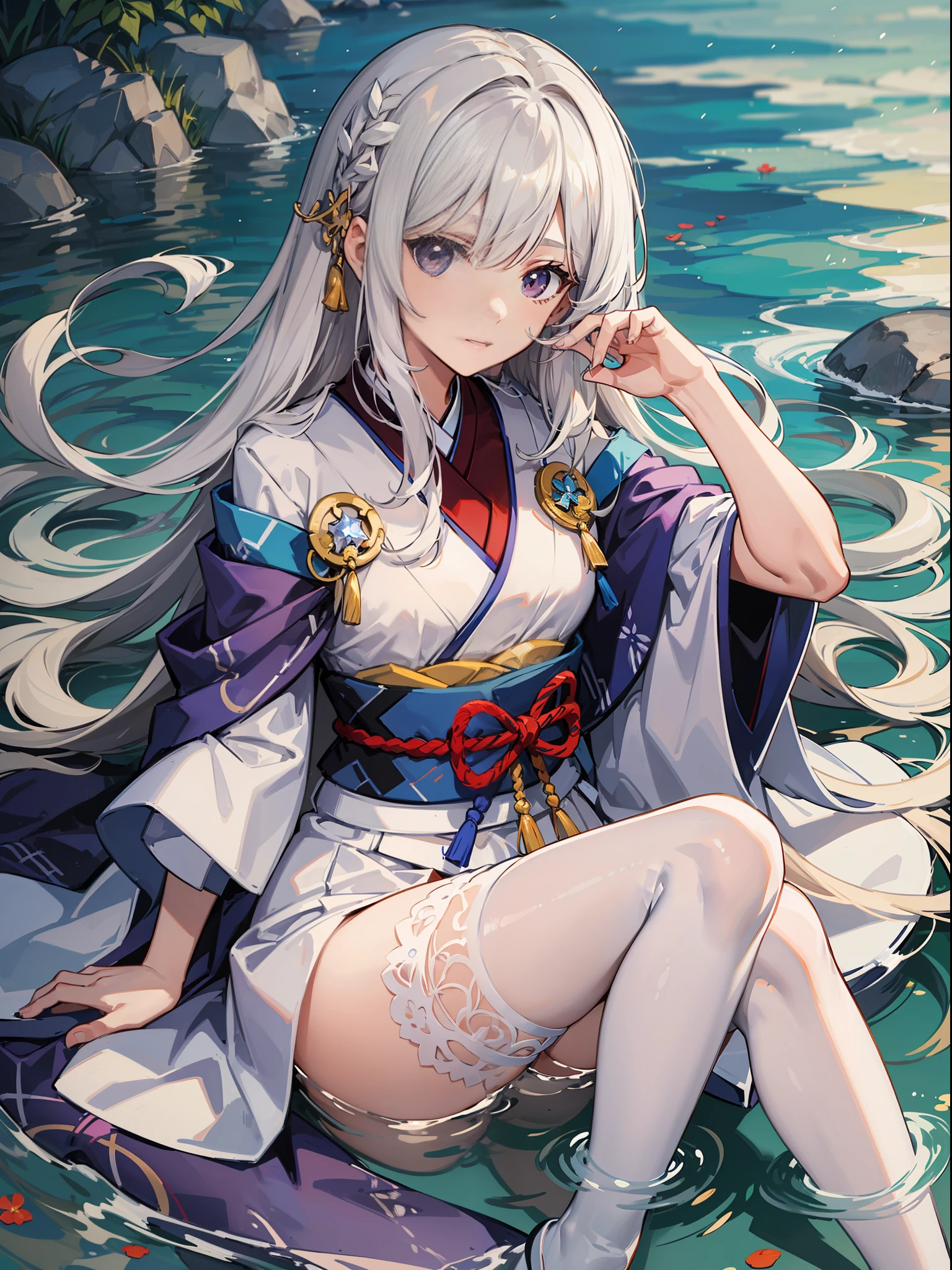 white-haire,Fine hair,Reddish purple,grey-eyed,length hair,Lake,,Look at viewers,,coldgaze,messyfloatingfhair,Kimono with white,fully body photo,White stockings