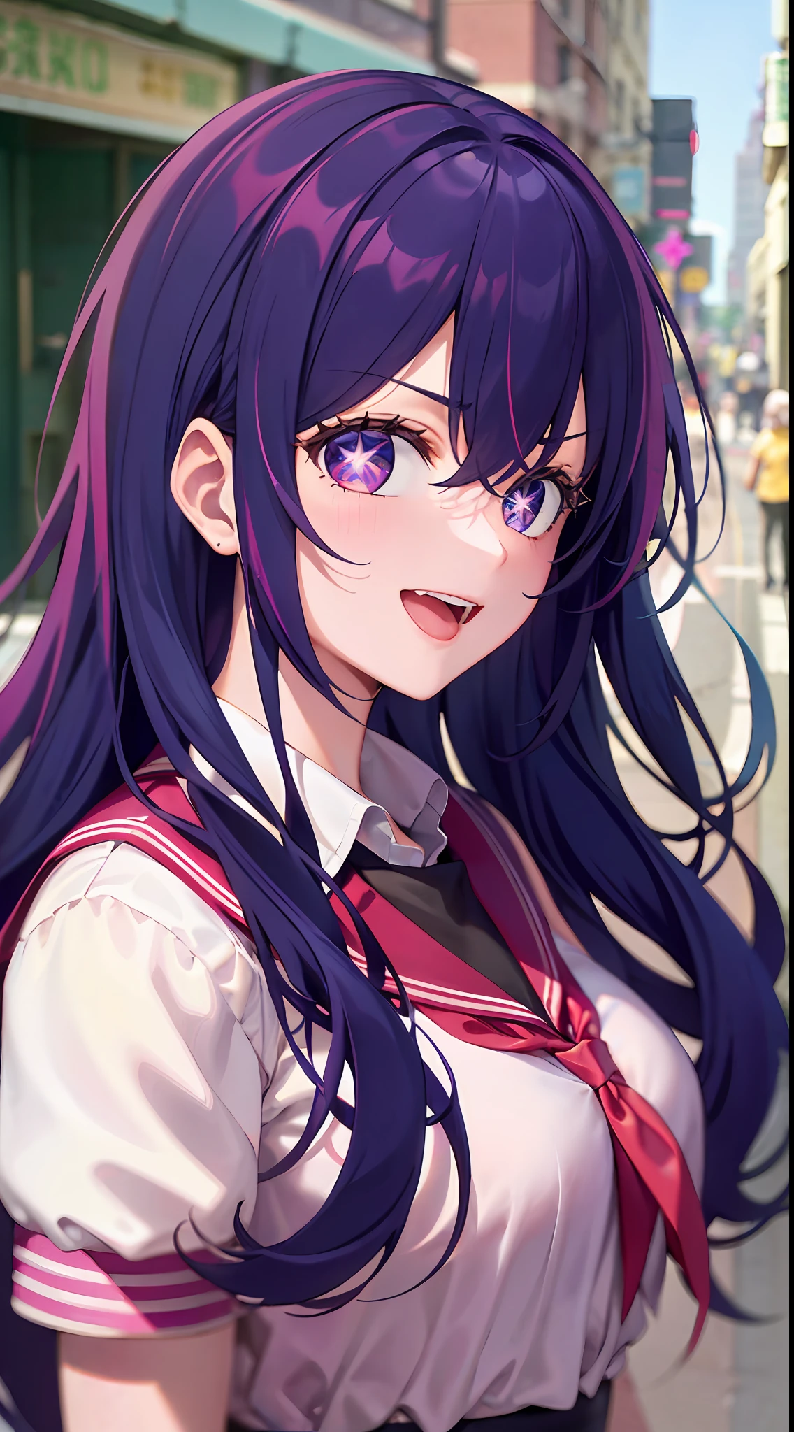 A girl with,There is a five-pointed star in the eye,Long purple hair,school uniformss,Look at viewers,Cheerful,best quailty,8K,the street,photographed,Gestures yay