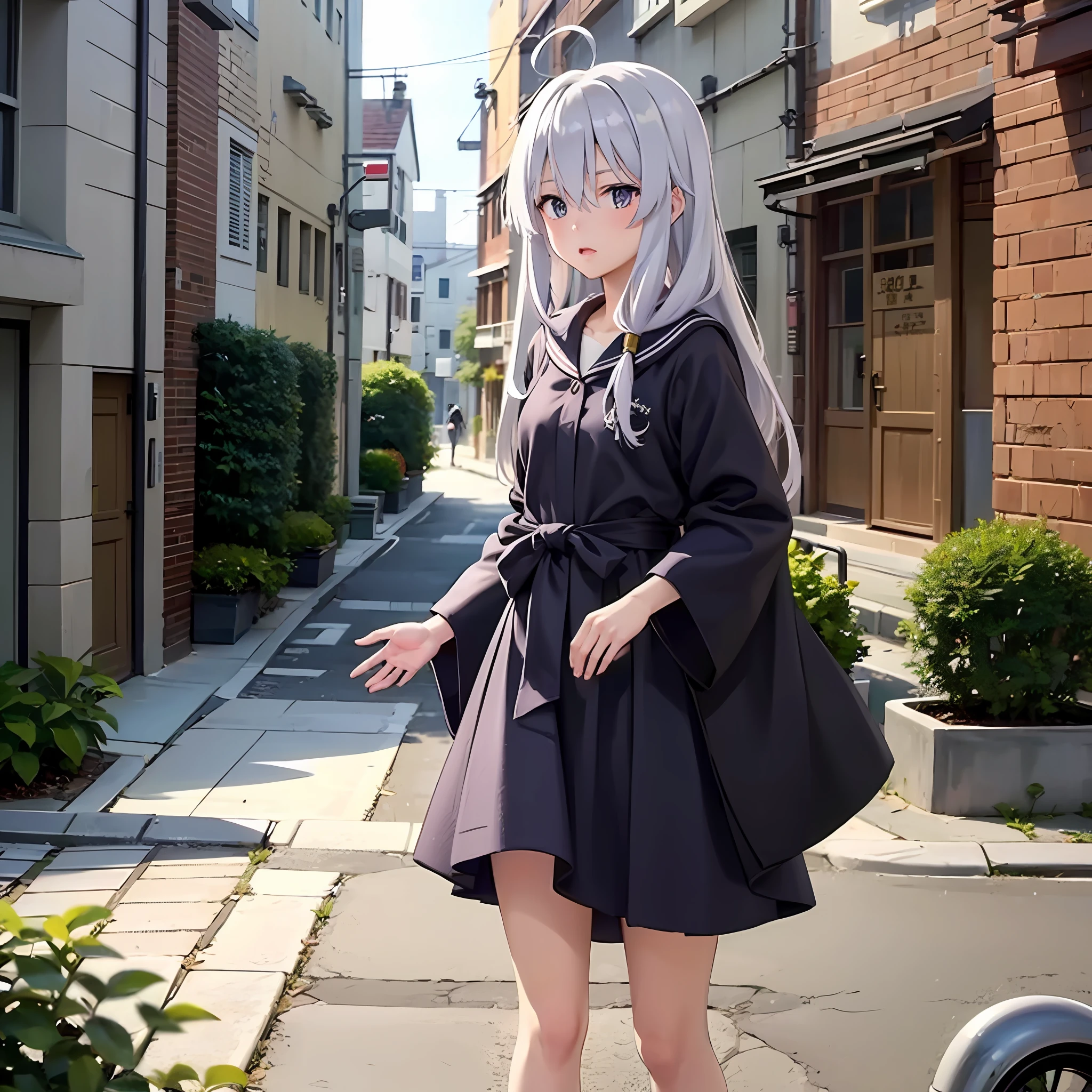 White hair 8k Japanese anime style sailor suit The background is an abandoned city Soaked in water Above the knee Waist long flowing hair cute