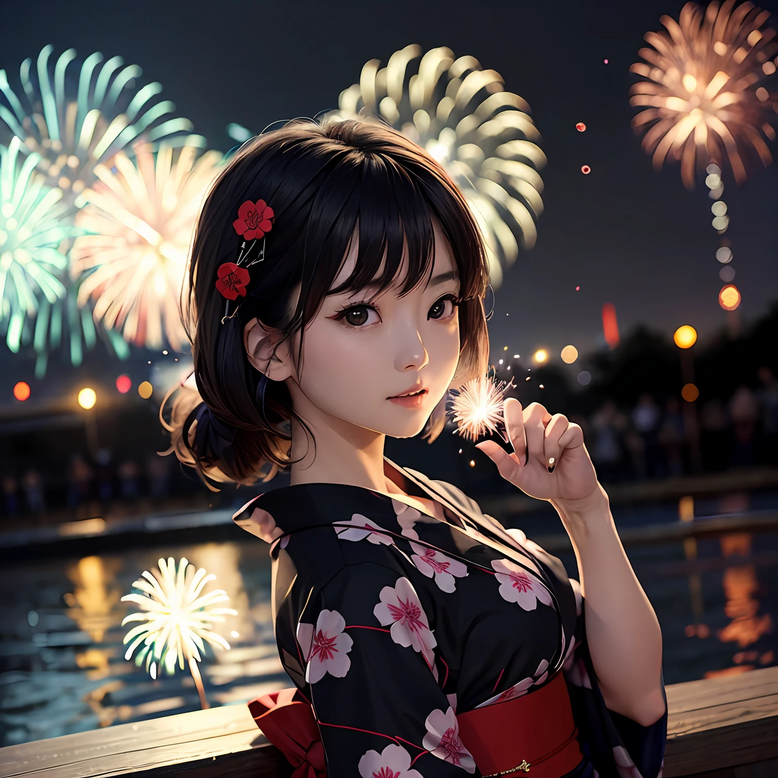 "Woman drawn in beautiful anime style stands by fence with fireworks background floating in night sky。The beauty of fireworks is in full bloom、I'm cosplaying like a real anime girl。The background is drawn in an anime style mixed with Fujifilm、Beautiful anime girl shines beautifully。"