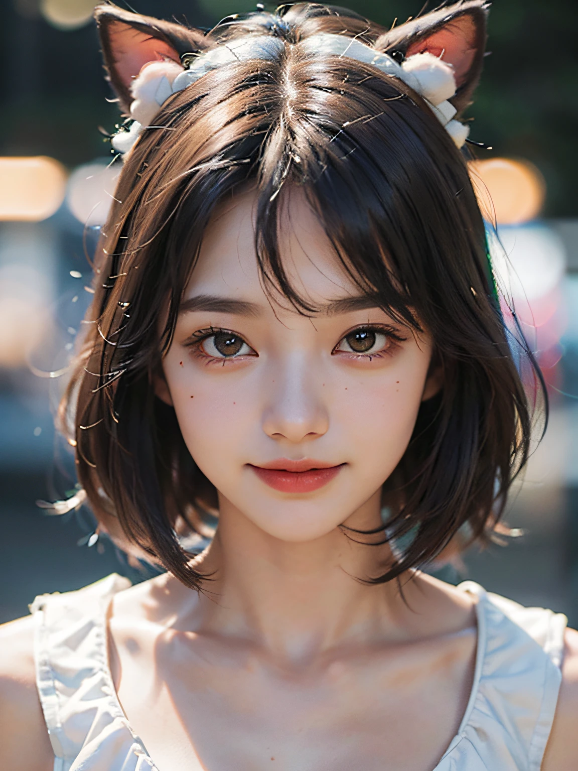 (beste-Qualit、in 8K、шедевр)、(the best illustration)、an extremely delicate and beautiful、Unity、Amazingly fine detail、superhighresolution、extra detailed face、Superbly detailed eyes、(Best Shadows:1.1)、(photo realistic1.3)、Realistic facial proportions、Handsome woman、独奏、(tetas grandes:1.5)、Slimed、smiling at the viewer、Office Suits:1.3、(makeups:0.4)、(fluffy black eyes:1.21)、Dark brown hair、bobhair、(irregular skin imperfections、veiny、Wrinkled pores on the skin:1.1)、(Dark night background: 1.2)、(bokeh dof:1.4)、a park、Sunnyday
