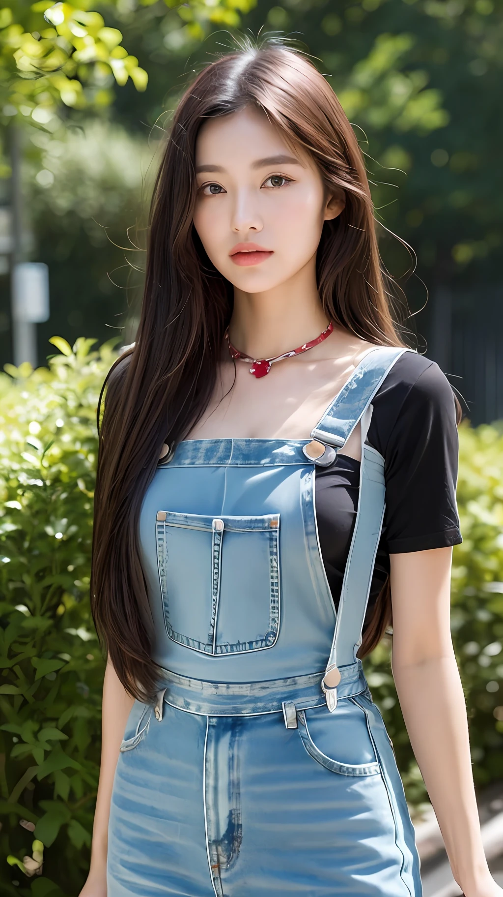 ((length hair, need, 8K, tmasterpiece:1.3)), fullllbody, Long legs, Focalors:1.2, perfect figure beautiful woman:1.4, Slim abs:1.1, ((Dark brown hair, large- titsjob:1.2 )), (Random color tight T-shirt, Long denim suspenders, standingn:1.2), ((In the daytime, roofto:1.3)), Highly detailed facial and skin texture, detailed eye, 双眼皮,(((Do not wear jewelry around your neck))),(((The handle is hidden and the hand arm is not visible vertically))),In the forest,Be like a real person