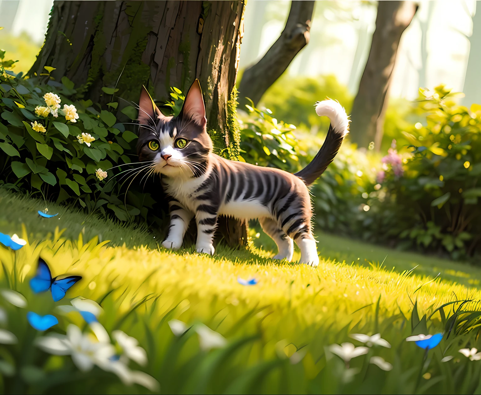 Fluffy and cute cat、Playing in a fantasy-style magical forest。The cat has big green eyes、Its coat shines golden in the sunlight。Colorful flowers around々and glowing butterflies々is dancing。