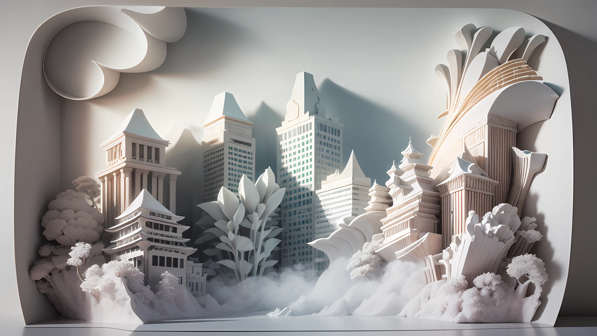 3D white relief，Crafted with meticulous precision，White ivory carving，Chinese illustration on white background，downy，Traditional Chinese style，Oriental landscape painting，Multidimensional paper fog on crafts，Chinese style buildings，super wide angle view，dreammy，8K，𝓡𝓸𝓶𝓪𝓷𝓽𝓲𝓬，A high resolution，8k，（white colors：1.3）