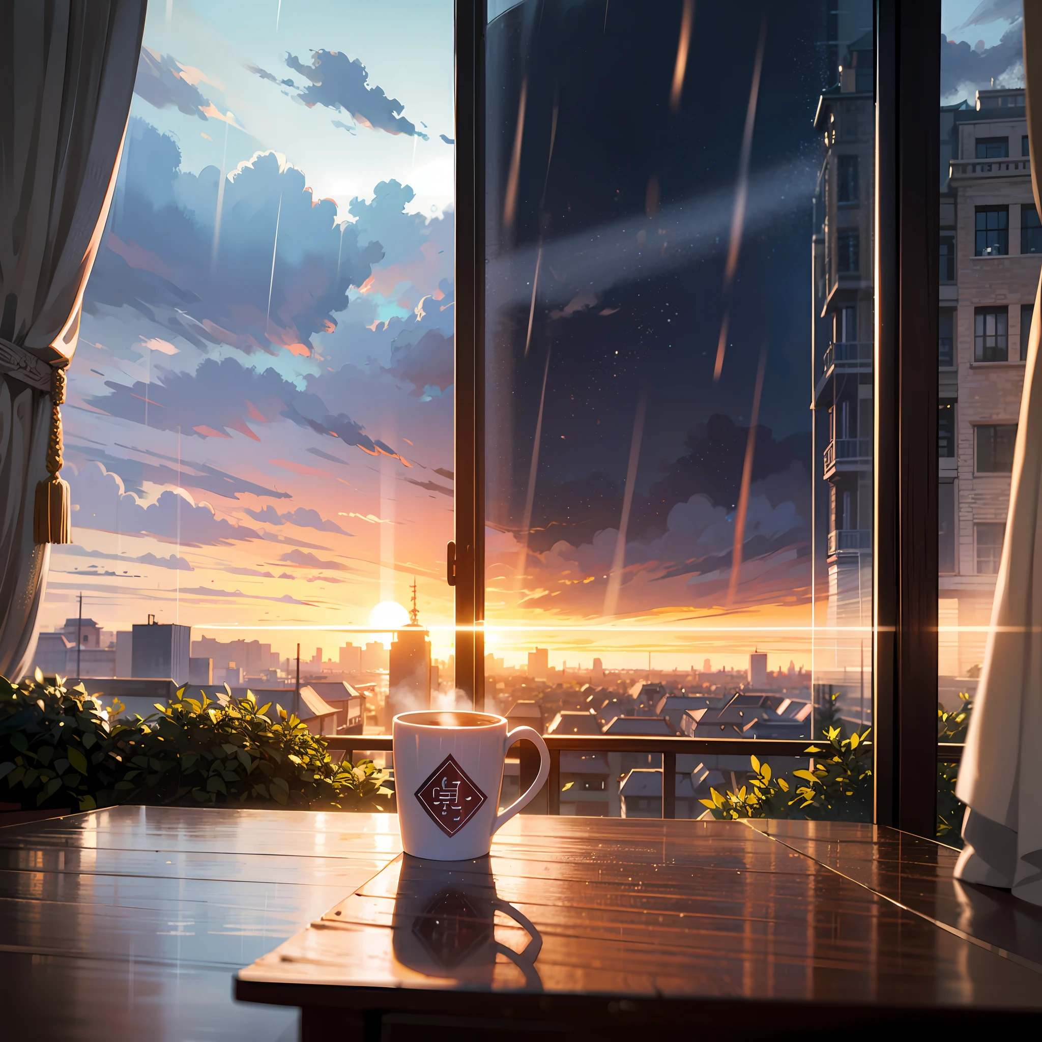 there is a table with a cup of coffee on it, dreamy chinese town, rainy afternoon, rainy day outside, rainy scene, inside on a rainy day, quiet and serene atmosphere, rainy outside, beautiful oil matte painting, raining outside the cafe, hyperrealistic matte painting, 4 k oil painting, raining outside, cozy and peaceful atmosphere, atmospheric fantasy setting, chinese style --auto