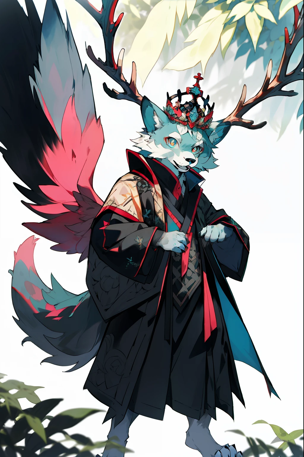 ai art by Daem0on, intricate fantasy and nature elemental creatures, horned,  bulky posture, [wings], long tail, werewolf with antlers, frendly face, Genera un dibujo digital de un lobo, parece un furro, Colors are king blue and light blue only, debe tener ojos grandes y azules, la nariz de color fucsia y debe mostrarse todo el cuerpo, la cola debe ser larga y frondosa, usa un panuelo en el cuello, watercolor, garden, forest, flowers, ultra highly detailed, intricated, intricated pose, perfect face, perfect nose, complex background, dynamic lighting, front paws, standing,