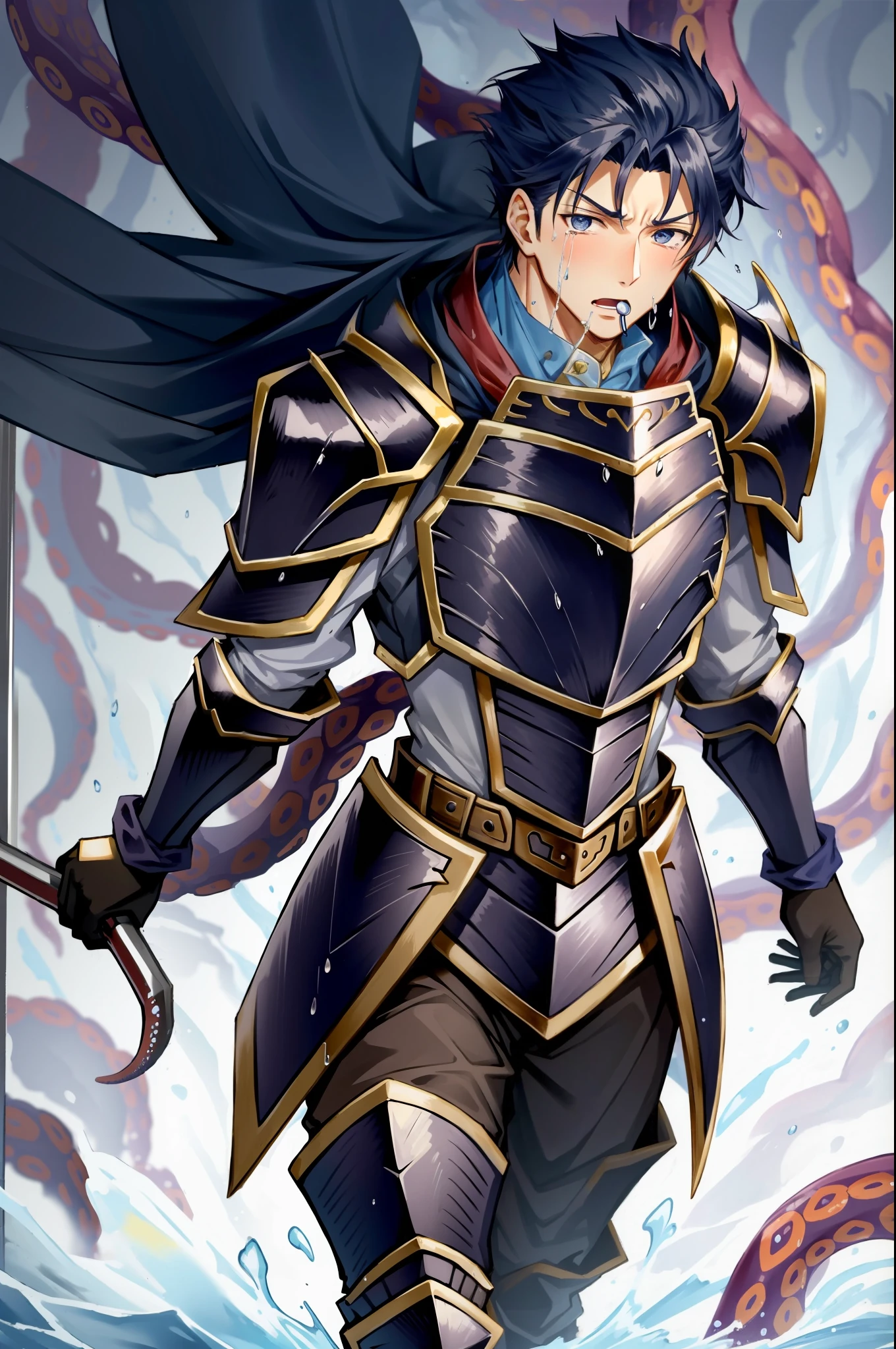Hector Fey(adult man), 独奏, looking looking at viewer,Tied by tentacles(Mucus-secreting tentacles) ,With his mouth open,droolng,perspire,Tight combat uniform,Armour,Armour,Get wet, mitts, 1 man,weeping,Be red in the face, Male focus,Tentacles wrapped around thighs(Octopus tentacles wrap around thighs), cloaks, Armour, Shoulder armor, Soaked leggings,Wrists bound by tentacles,Waist wrapped around tentacles