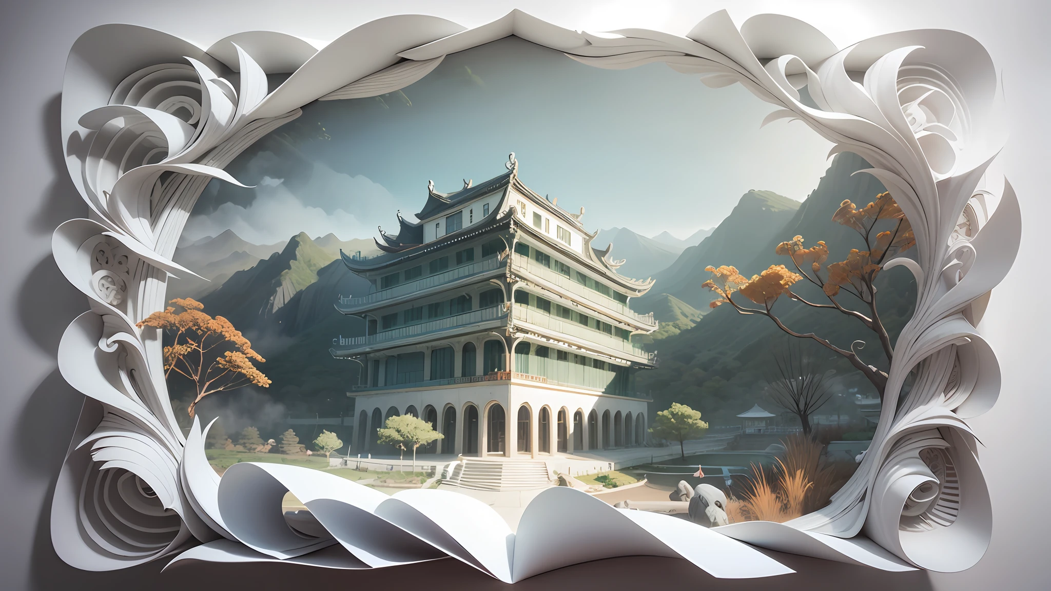 3D white relief,Crafted with meticulous precision,White ivory carving,Chinese illustration on white background,downy,Traditional Chinese style,Oriental landscape painting,Multidimensional paper fog on crafts,Chinese style buildings,super wide angle view,dreammy,8K,𝓡𝓸𝓶𝓪𝓷𝓽𝓲𝓬,A high resolution,8k,(white colors:1.3)