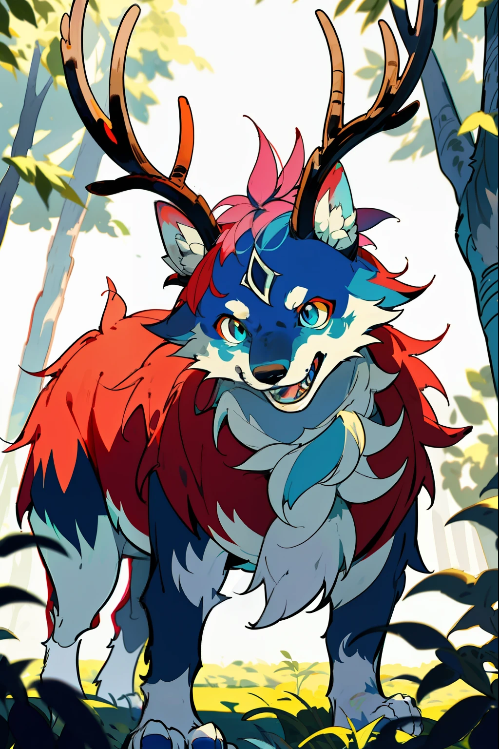 werewolf with antlers, frendly face, Genera un dibujo digital de un perro mezclado con lobo, parece un furro, Colors are king blue and light blue only, debe tener ojos grandes y azules, la nariz de color fucsia y debe mostrarse todo el cuerpo, la cola debe ser larga y frondosa, usa un panuelo en el cuello, frontal, watercolor, garden, forest, flowers, ultra highly detailed, intricated, intricated pose, perfect face, perfect nose, complex background, dynamic lighting, front paws, standing,