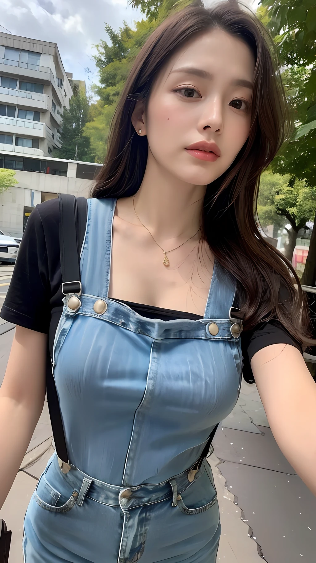 ((length hair, need, 8K, tmasterpiece:1.3)), fullllbody, Long legs, Focalors:1.2, perfect figure beautiful woman:1.4, Slim abs:1.1, ((Dark brown hair, large- titsjob:1.2 )), (Random color tight T-shirt, Long denim suspenders, standingn:1.2), ((In the daytime, roofto:1.3)), Highly detailed facial and skin texture, detailed eye, 双眼皮,(((Do not wear jewelry around your neck))),(((The handle is hidden and the hand arm is not visible vertically))),In the forest,Be like a real person