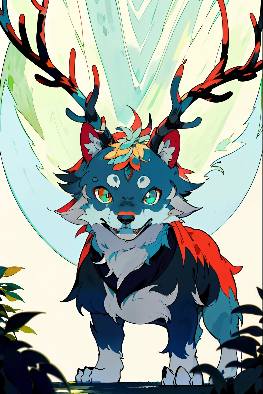 werewolf with antlers, frendly face, Genera un dibujo digital de un perro mezclado con lobo, parece un furro, Colors are king blue and light blue only, debe tener ojos grandes y azules, la nariz de color fucsia y debe mostrarse todo el cuerpo, la cola debe ser larga y frondosa, usa un panuelo en el cuello, frontal, watercolor, garden, forest, flowers, ultra highly detailed, intricated, intricated pose, perfect face, perfect nose, complex background, dynamic lighting, front paws, standing,
