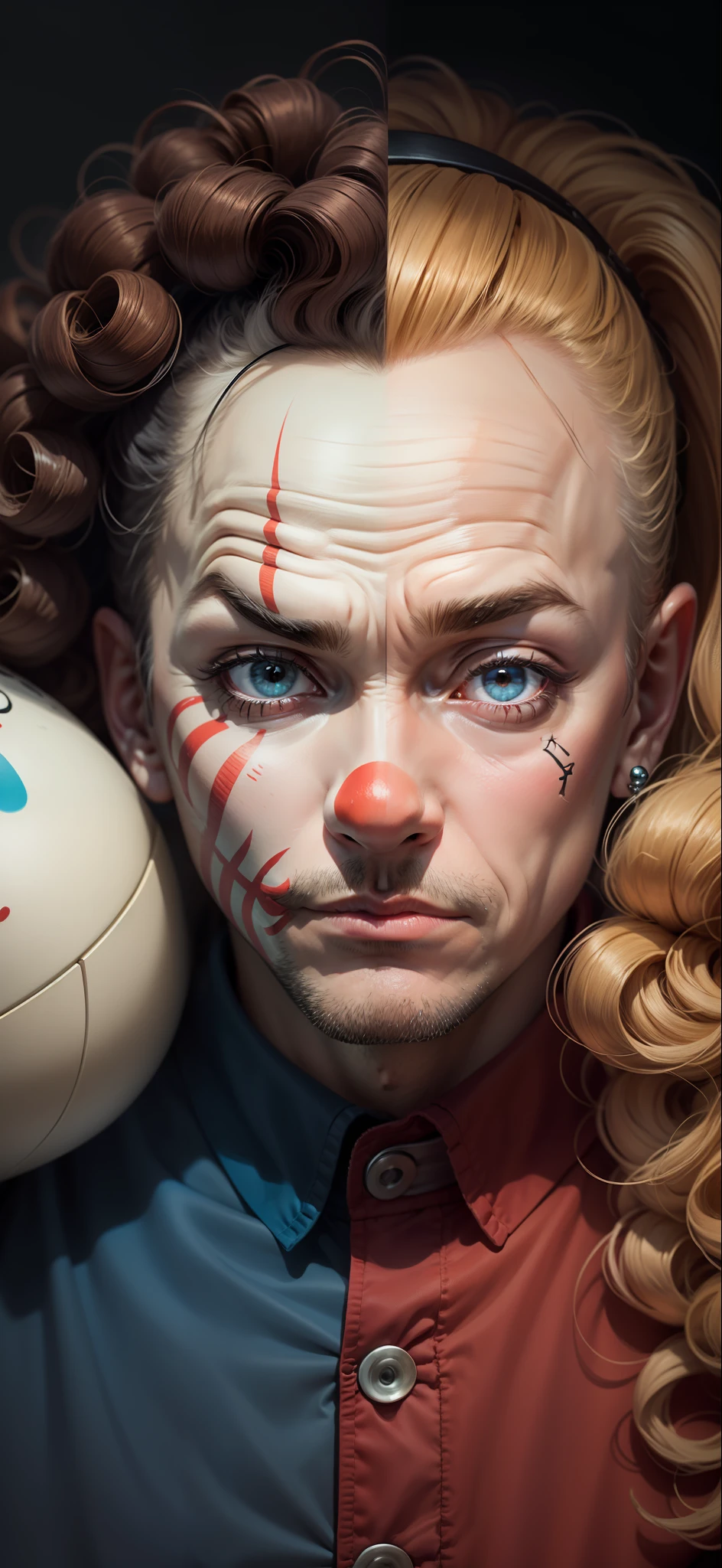 Ultra-close-up lens，On the left, it is replaced by a middle-aged man wearing a clown mask，The right side is replaced by an adult man with a round face and curly hair