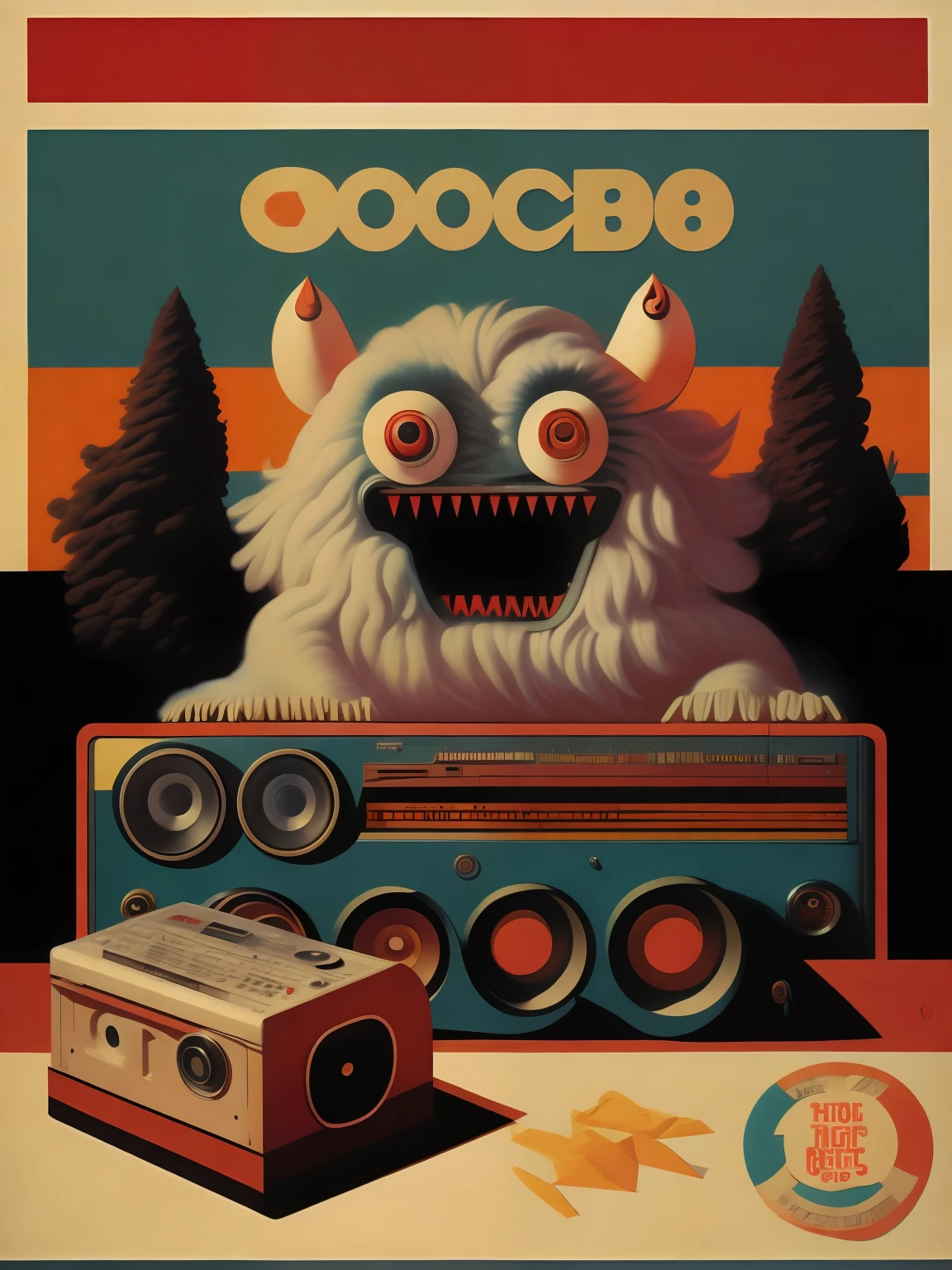 (((a monster creature))), sitting on the floor, holding, a boombox with a radio on top of it, boombox, ghetto blaster, big ghetto blaster, tape deck, lofi hip hop, audio equipments, cassette, retro technology, nostalgic vibes, 1 9 6 0 s tech, radios, vintage - w 1 0 2 4, from the 6 0 s) propaganda Poster, poster, Poster design, poster art style. 1970s, 1950s, 1960s, basic colour scheme, Very colourful poster, colour art, thirds rule, inspiring, boombox, 1970, lofi hip hop, high quality artwork, artwork, poster art style, promotional artwork, hiphop, 1 9 th, print!, high quality wallpaper, poster artwork, style of shepherd fairey,