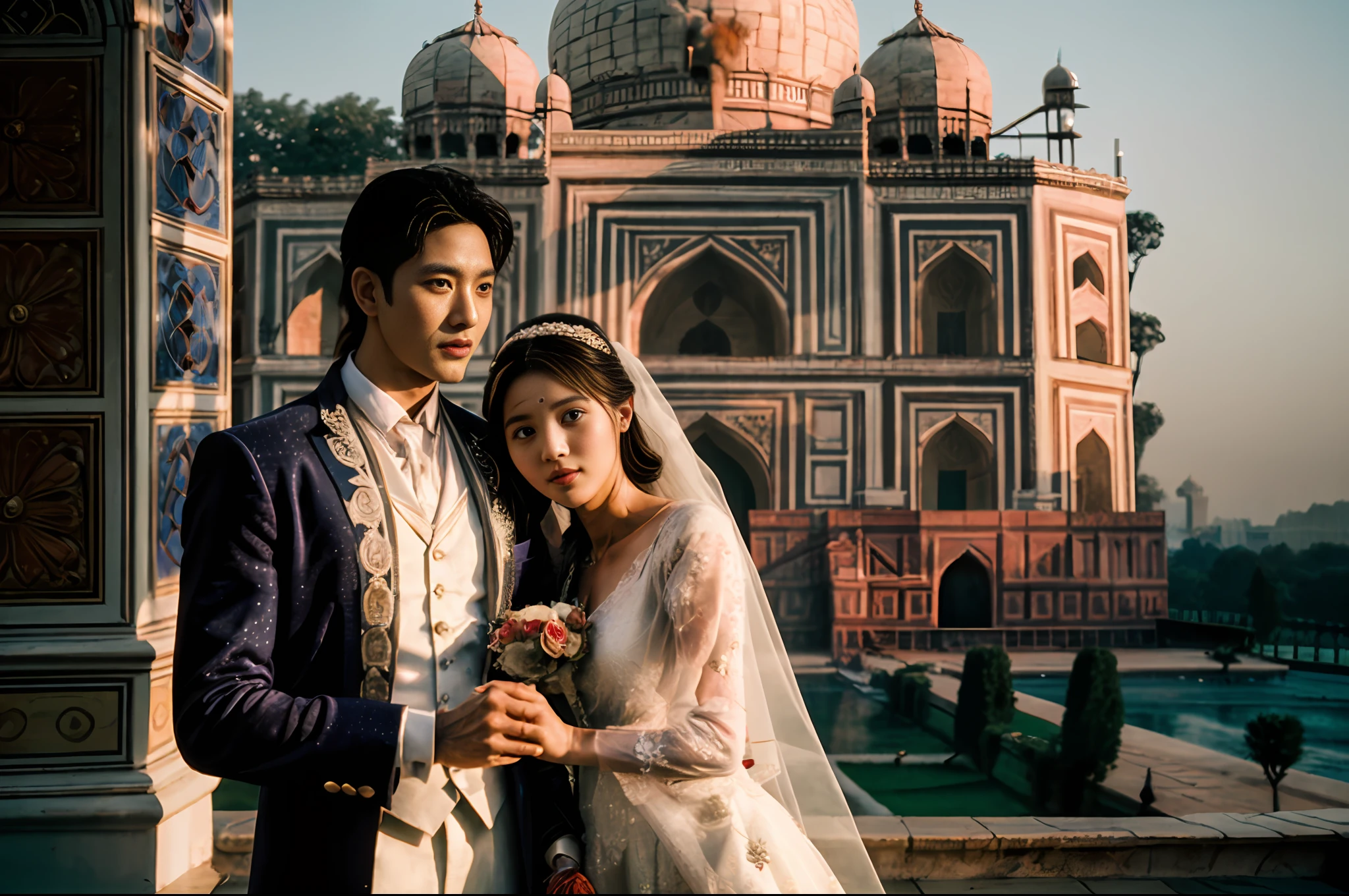 professional wedding photography, (Masterpiece), (intriciate detail), (photorealestic:1.3), (film grain:1.3), (perfect anatomia:1.3), epiCRealism, break, India, at the Taj Mahal, break, a romantic photoshoot of a handsome man and cute woman couple), wearing elegant outfits