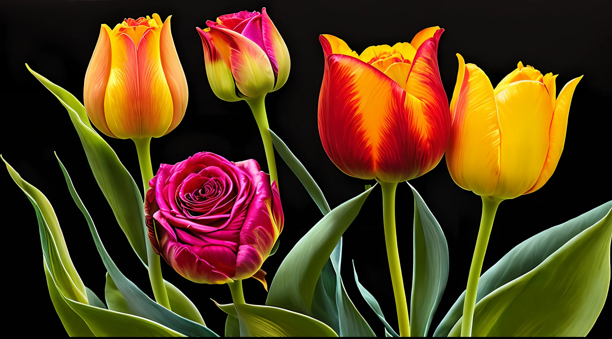 Vivid and detailed king tulips and roses on black background，Designed by Martin Johnson Heade of ArtStation