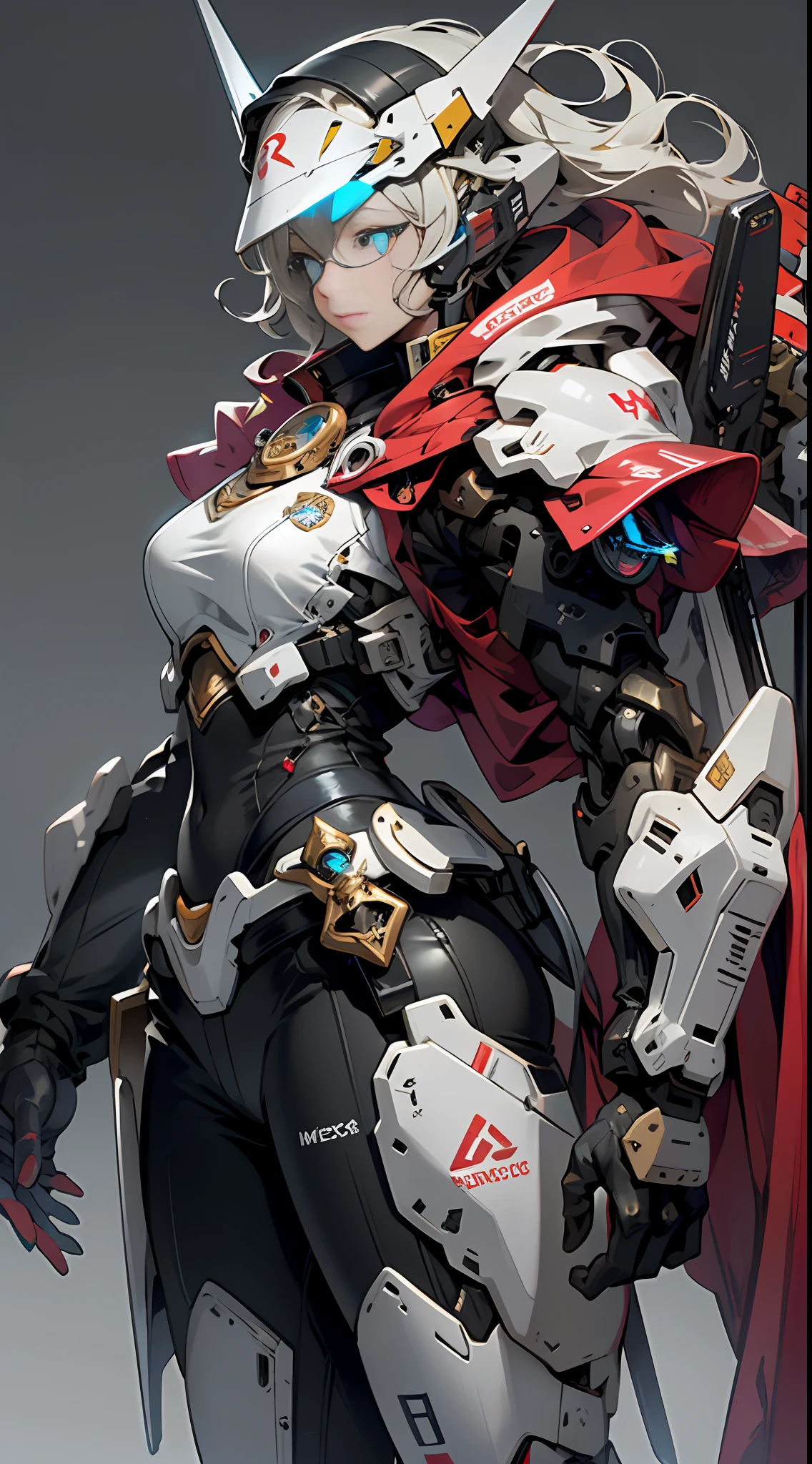 (1girlhugebreasts), High quality masterpiece science fiction wallpaper, Mecha warrior, Glowing blue eyes, The sword, Extreme detail, minimalistic background, Smooth lines, (Deluxe Edition)