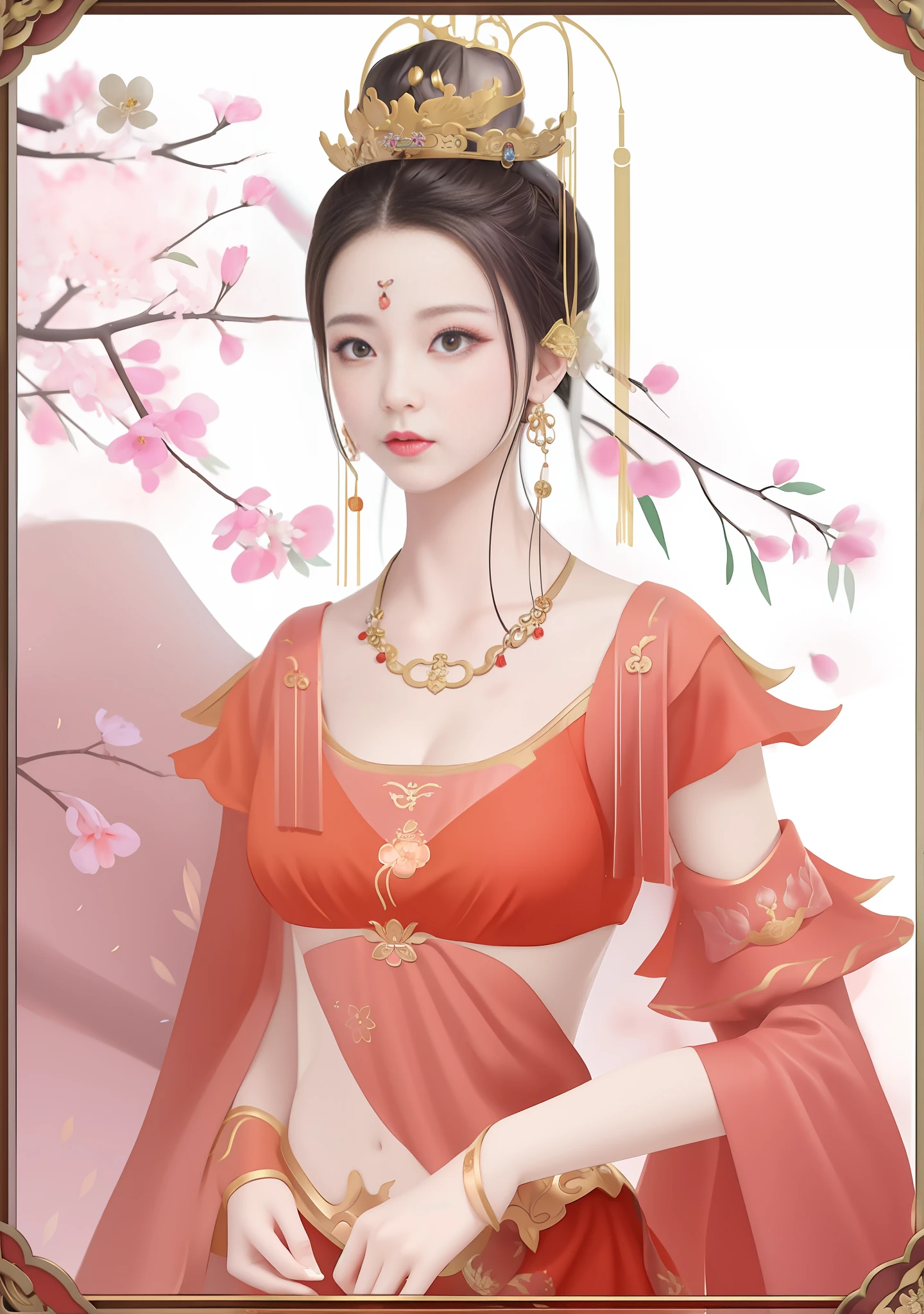 One wearing a red dress,Woman in crown standing under a tree, ((a beautiful fantasy empress)), Inspired by Lan Ying, a beautiful fantasy empress, Princesa chinesa antiga, Inspired by Qiu Ying, China Princess, inspired by Du Qiong, Beautiful character painting, Inspired by Tang Yifen, Royal Palace , A girl in Hanfu, Beautiful rendering of the Tang Dynasty,Expose navel
