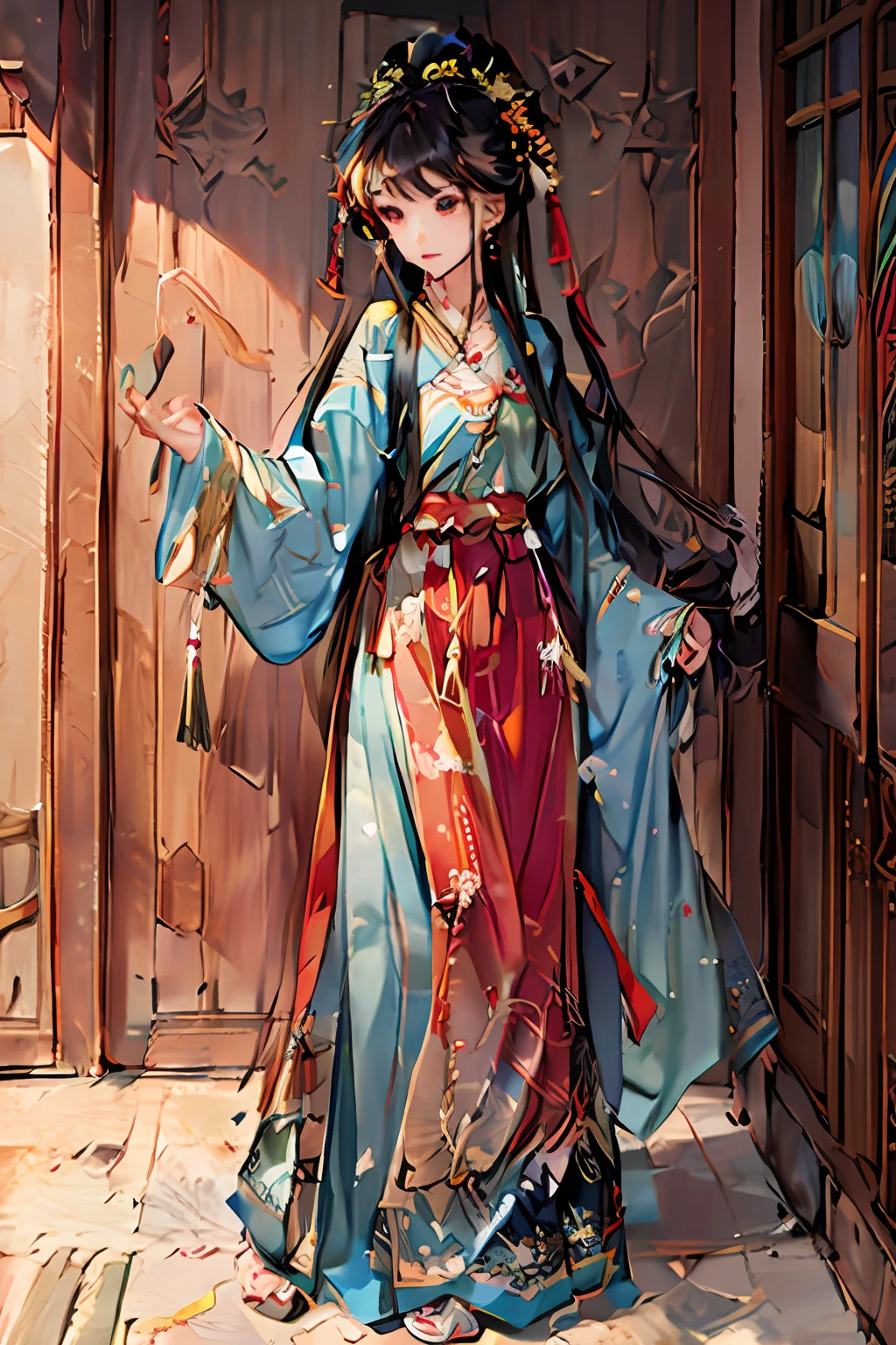 Masterpiece, High resolution, Super detailed, (1 girl), , fashion pose, hanfu, textile art, fiber treatment, weave design, hand posture correct, detail, fabric collage, quilting, embroidery, innovative technology, tactile creation