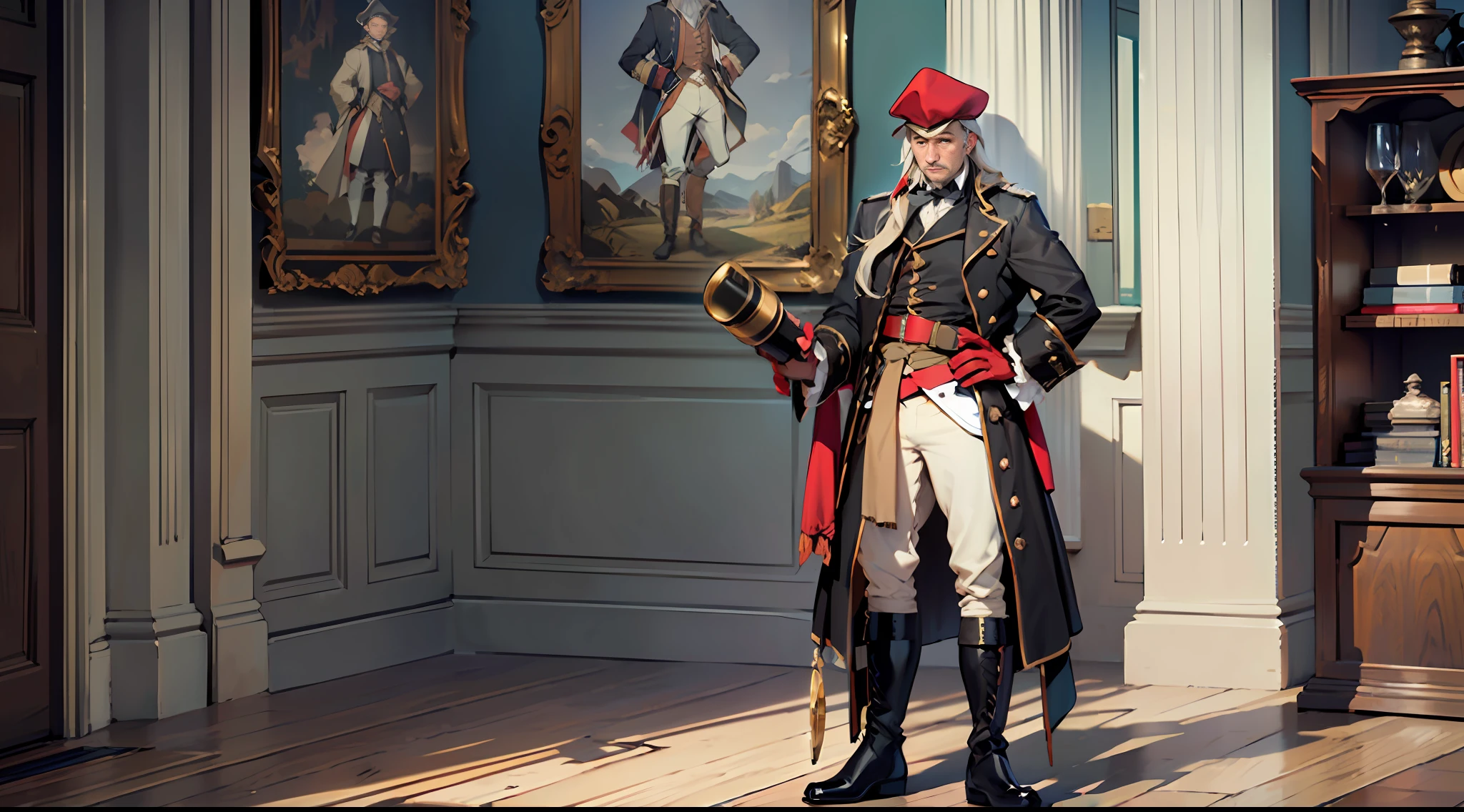 46 year-old Middle-aged captain, long hair, Captain cap, gray robe, leather belt, leather boots, holding a telescope,(18th century clothing style:1.3),(Standing posture:1.5),(full body:1.6)