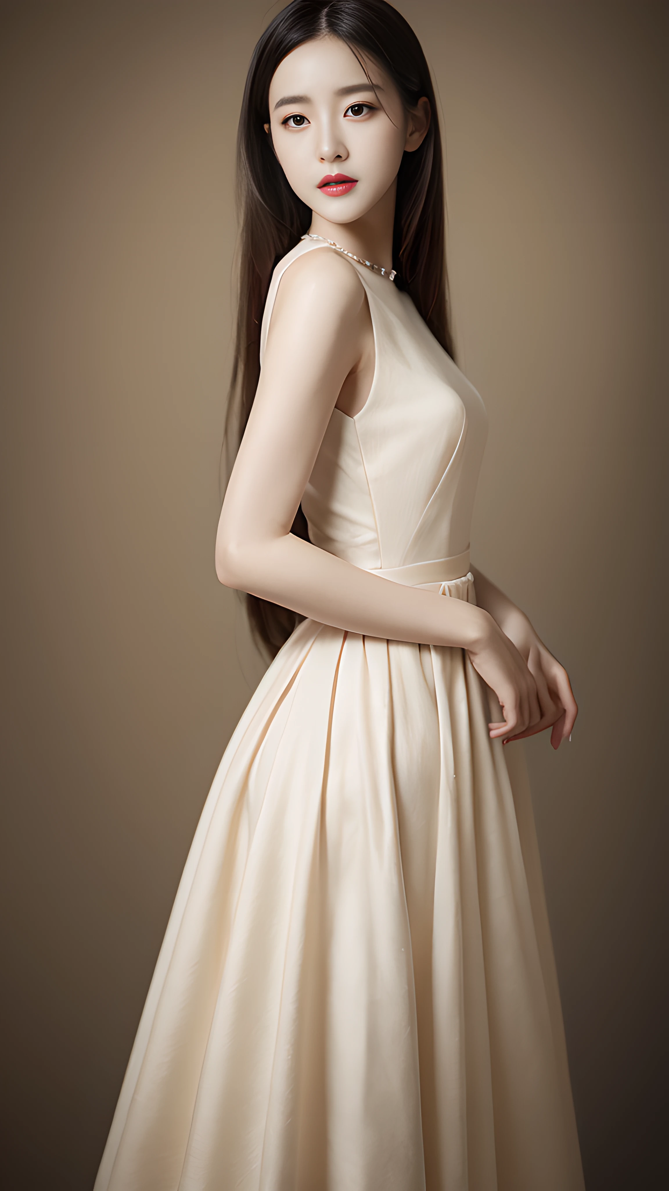 A woman dressed in a chestnut flowing dress poses for a photo，A photograph inspired by Ma Yuanyu，Tumblr，realisitic，dilraba dilmurat，beautiful Korean women，Korean girls，cute korean actress，Beautiful Korean young woman，gorgeous korean young woman，Young and cute Korean face，Kim Young-hin，ruan jia beautiful！，Korean female fashion model