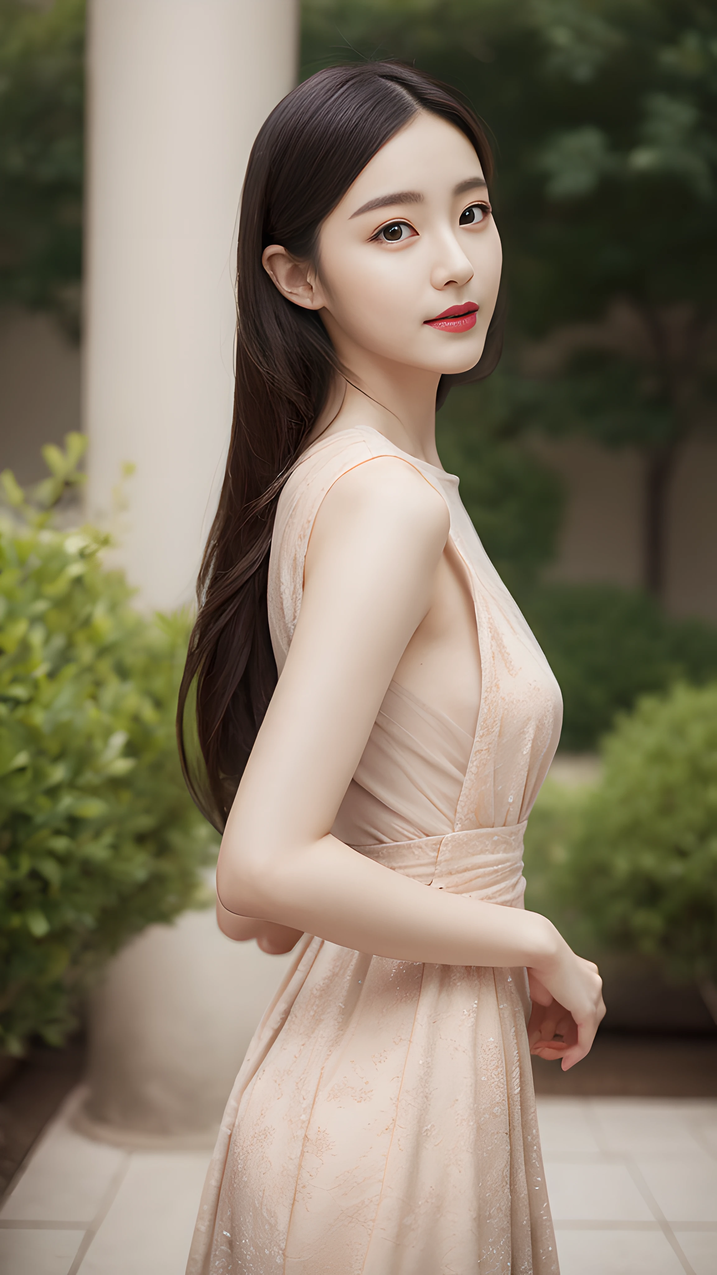 A woman dressed in a chestnut flowing dress poses for a photo，A photograph inspired by Ma Yuanyu，Tumblr，realisitic，dilraba dilmurat，beautiful Korean women，Korean girls，cute korean actress，Beautiful Korean young woman，gorgeous korean young woman，Young and cute Korean face，Kim Young-hin，ruan jia beautiful！，Korean female fashion model