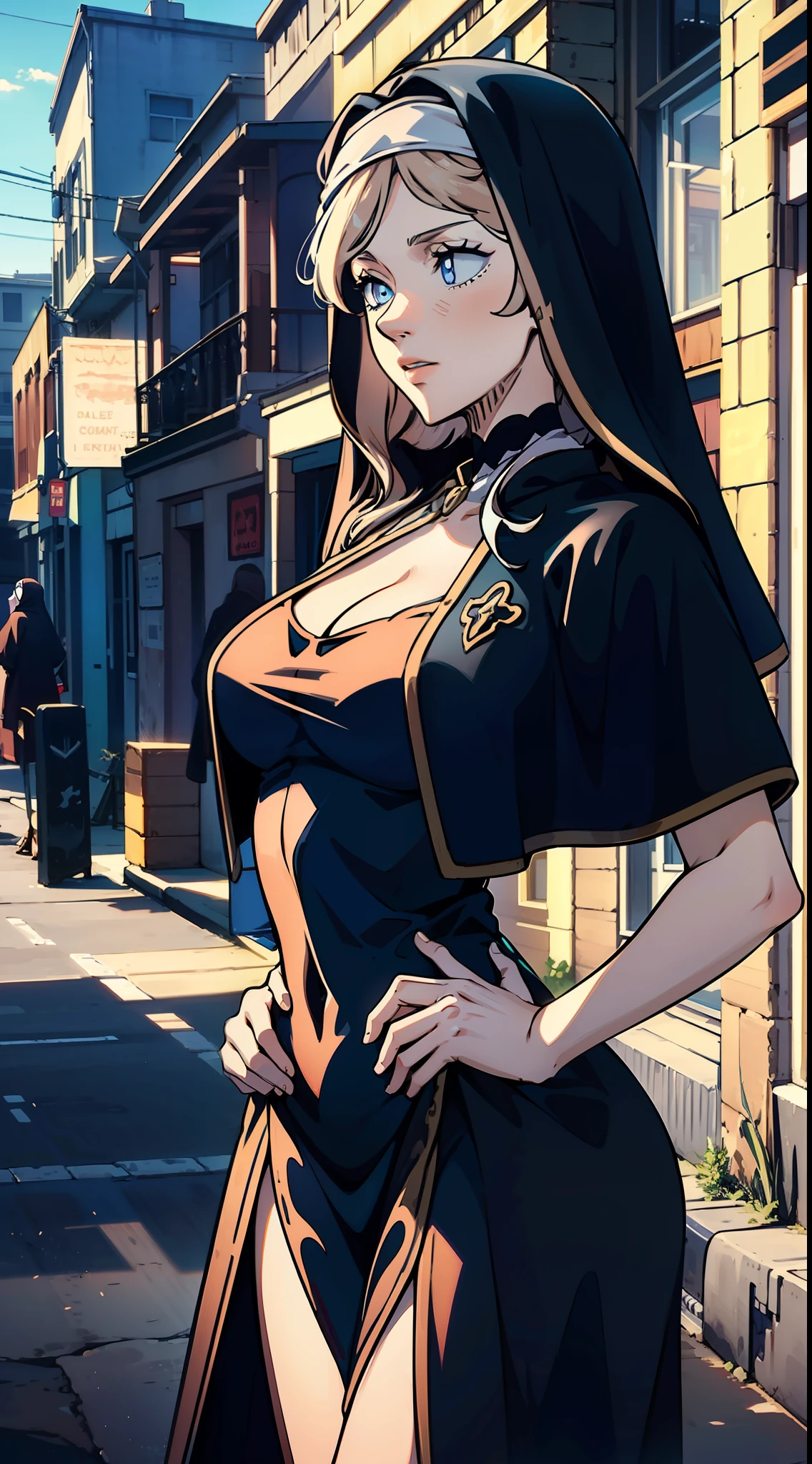 (extremely detailed CG unity 8k wallpaper:1.1),high resolution, detailed body skin, contrast, color, shadows, street background,1girl,nun,long black hair,(blue eyes),medium chest,hands on hips